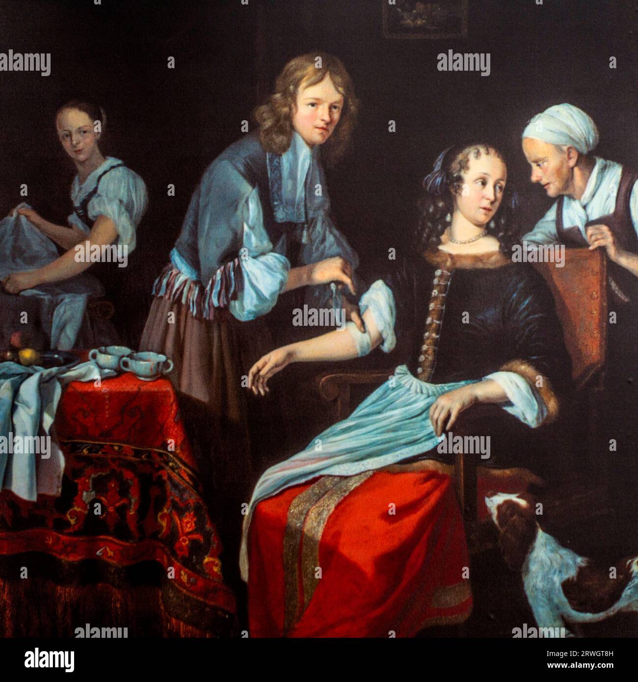 Peinture du 17e siècle montrant un chirurgien ligaturant le bras d'une femme après une saignée, œuvre du peintre hollandais Jacob Toorenvliet Banque D'Images