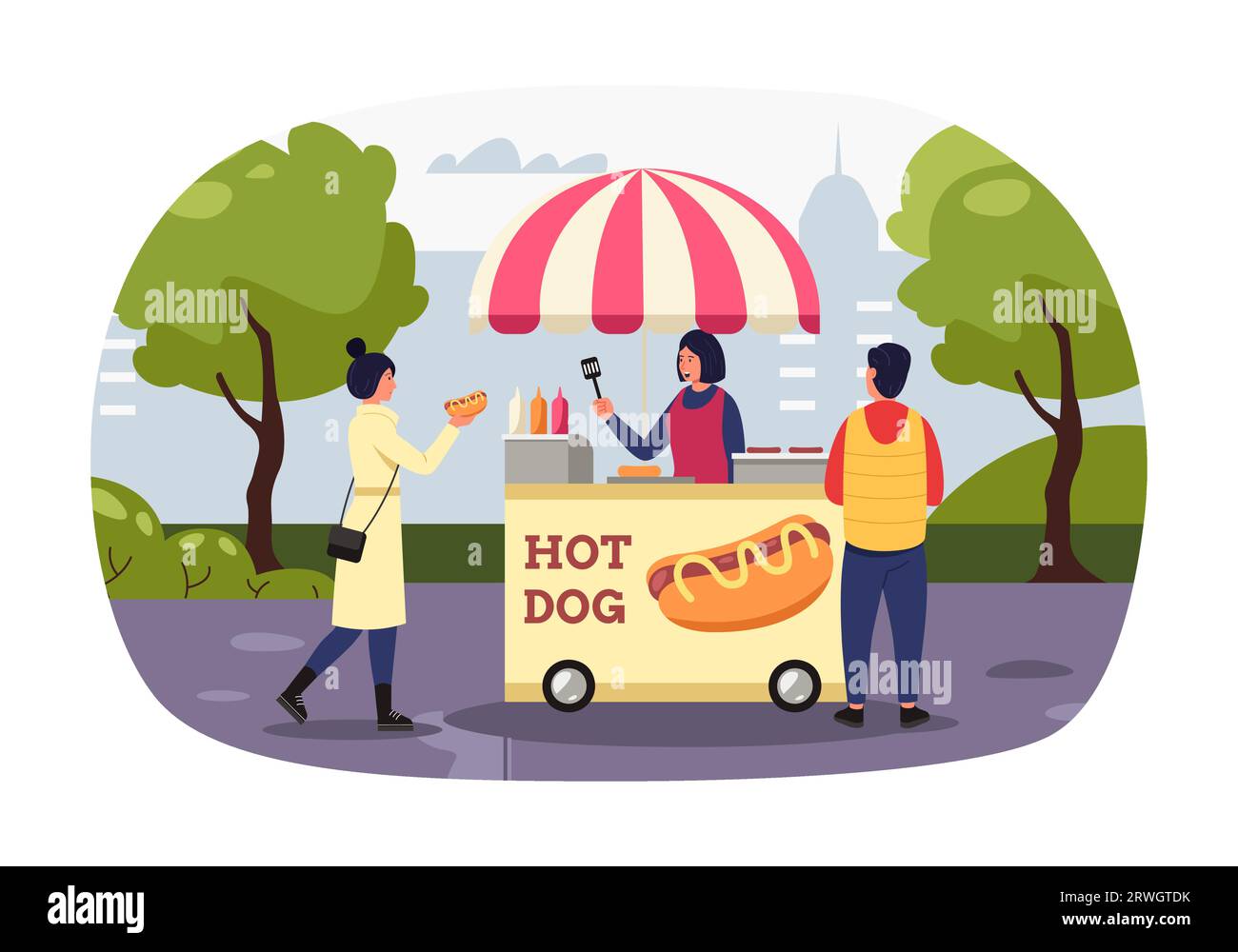 Femme achetant hot-dog, concept de nourriture de rue Illustration de Vecteur