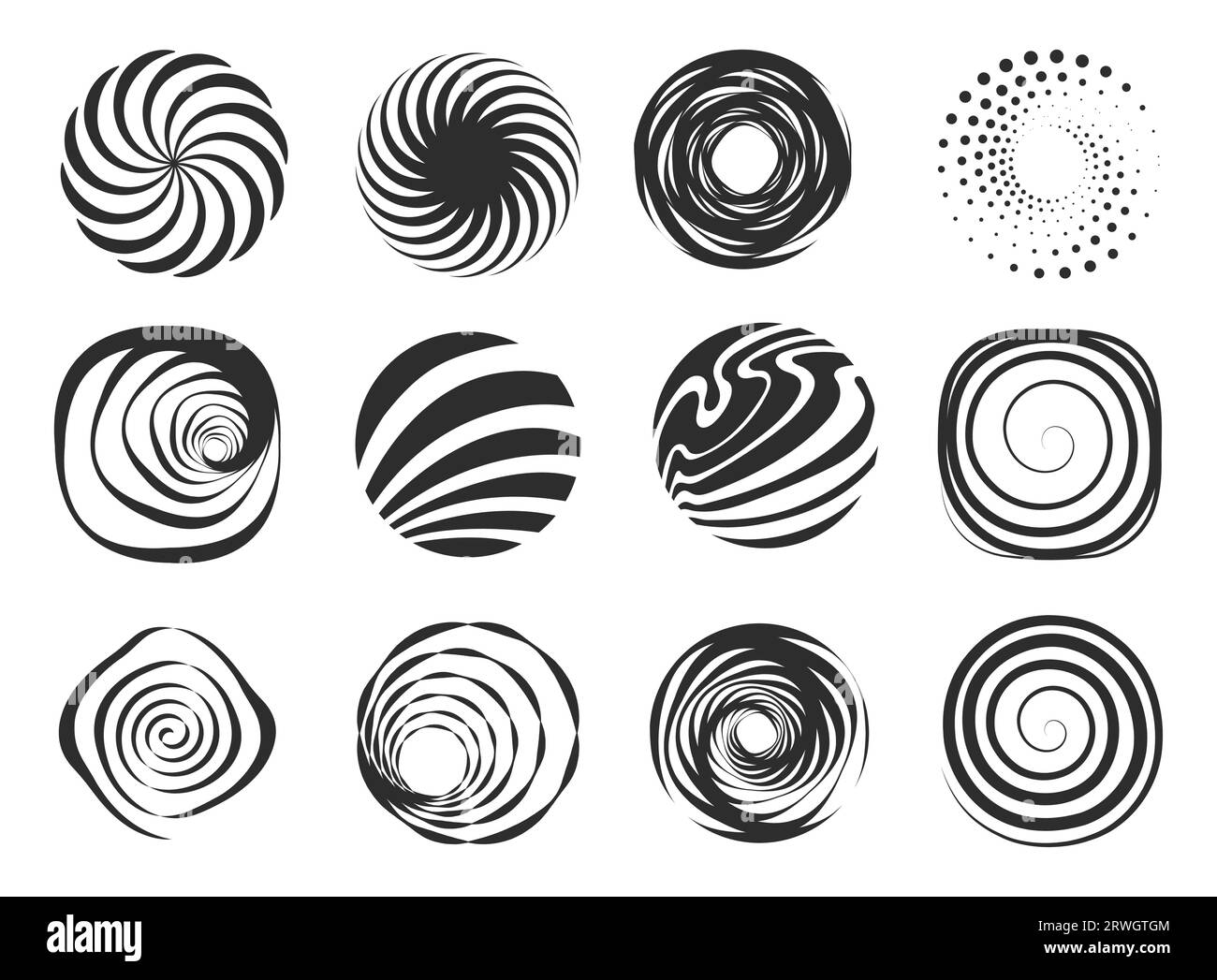 Figures géométriques abstraites de tourbillon, éléments abstraits modernes de spirale de cercle ondulé, éléments de conception de bordure noire de mouvement Illustration de Vecteur