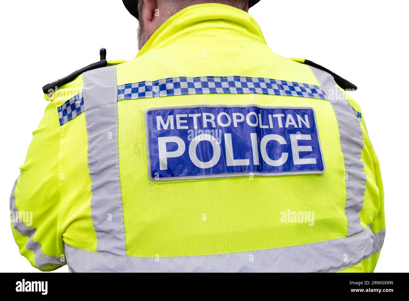 Dos de la veste d'un officier de police métropolitain de Londres en uniforme haute visibilité isolé sur fond blanc Banque D'Images