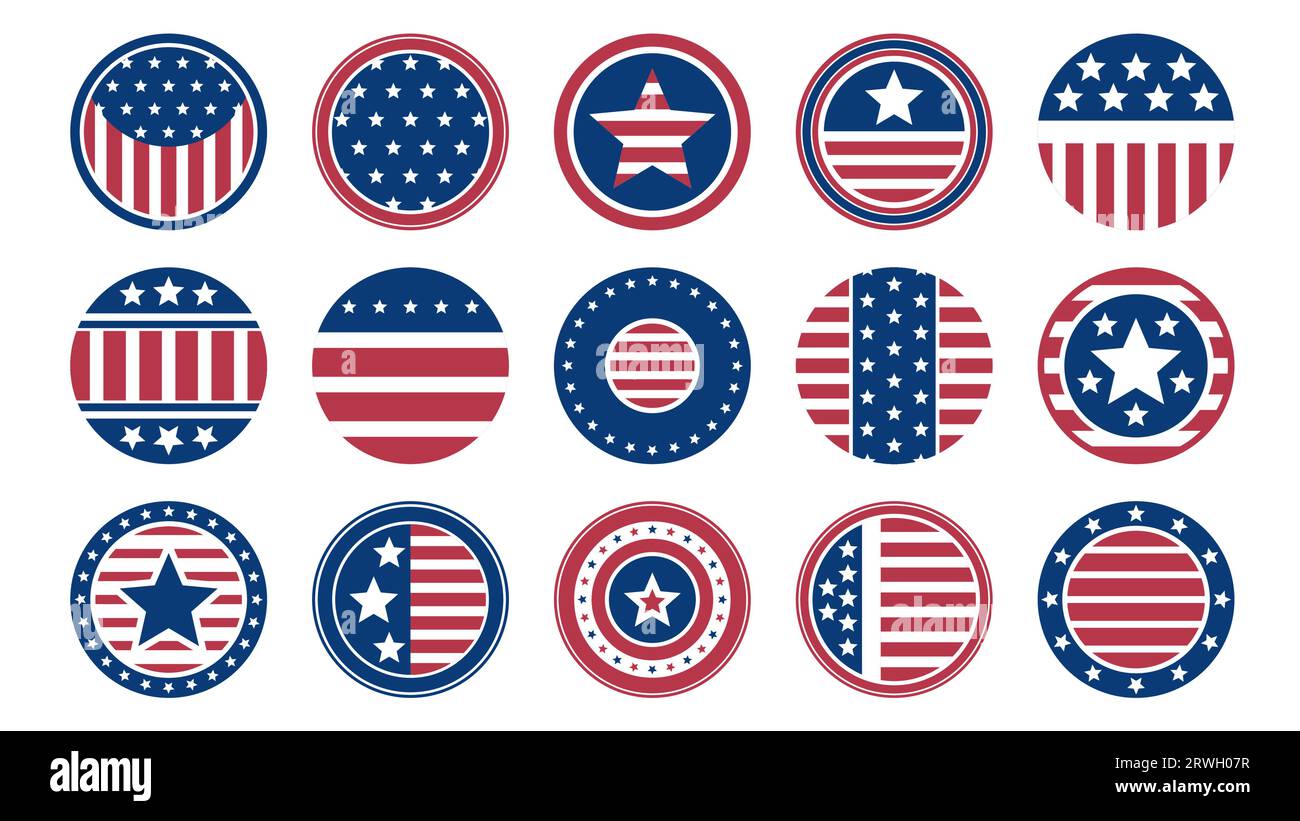 Étiquette de cercle du drapeau américain. Timbre rond avec emblème patriotique américain, drapeau de pays d'Amérique avec des rayures et des étoiles. Jeu d'autocollants plats Vector Illustration de Vecteur