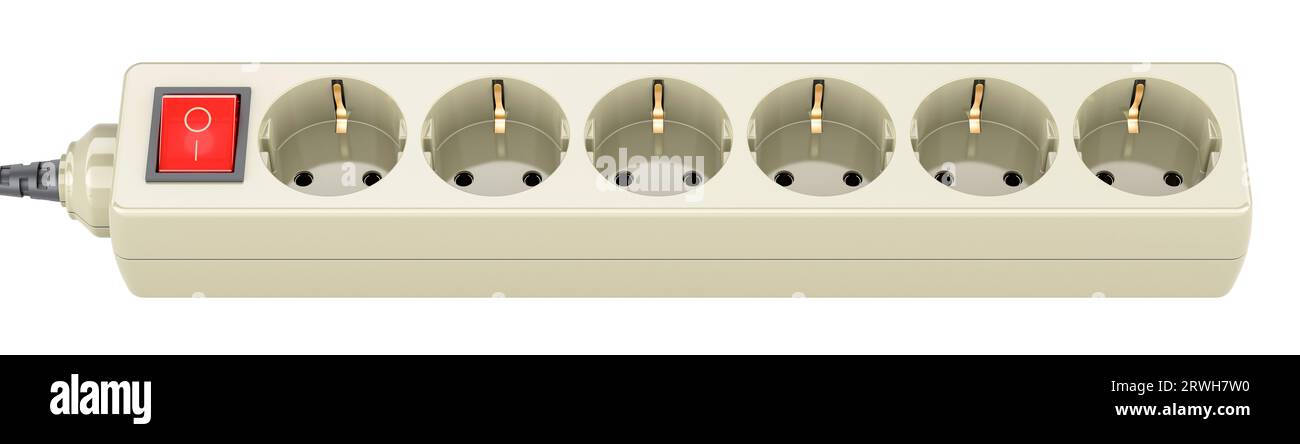 Parasurtenseur ou parasurtenseur. Une barre d'alimentation avec parasurtenseur intégré et plusieurs prises. Rendu 3D isolé sur fond blanc Banque D'Images