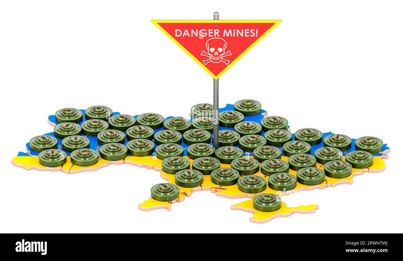 Carte ukrainienne avec des mines anti-char et le signe des mines de danger, rendu 3D isolé sur fond blanc Banque D'Images