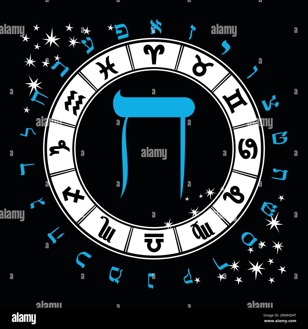 Illustration vectorielle de l'alphabet hébreu et des signes du zodiaque. Lettre hébraïque appelée Chethblue et grosse Illustration de Vecteur