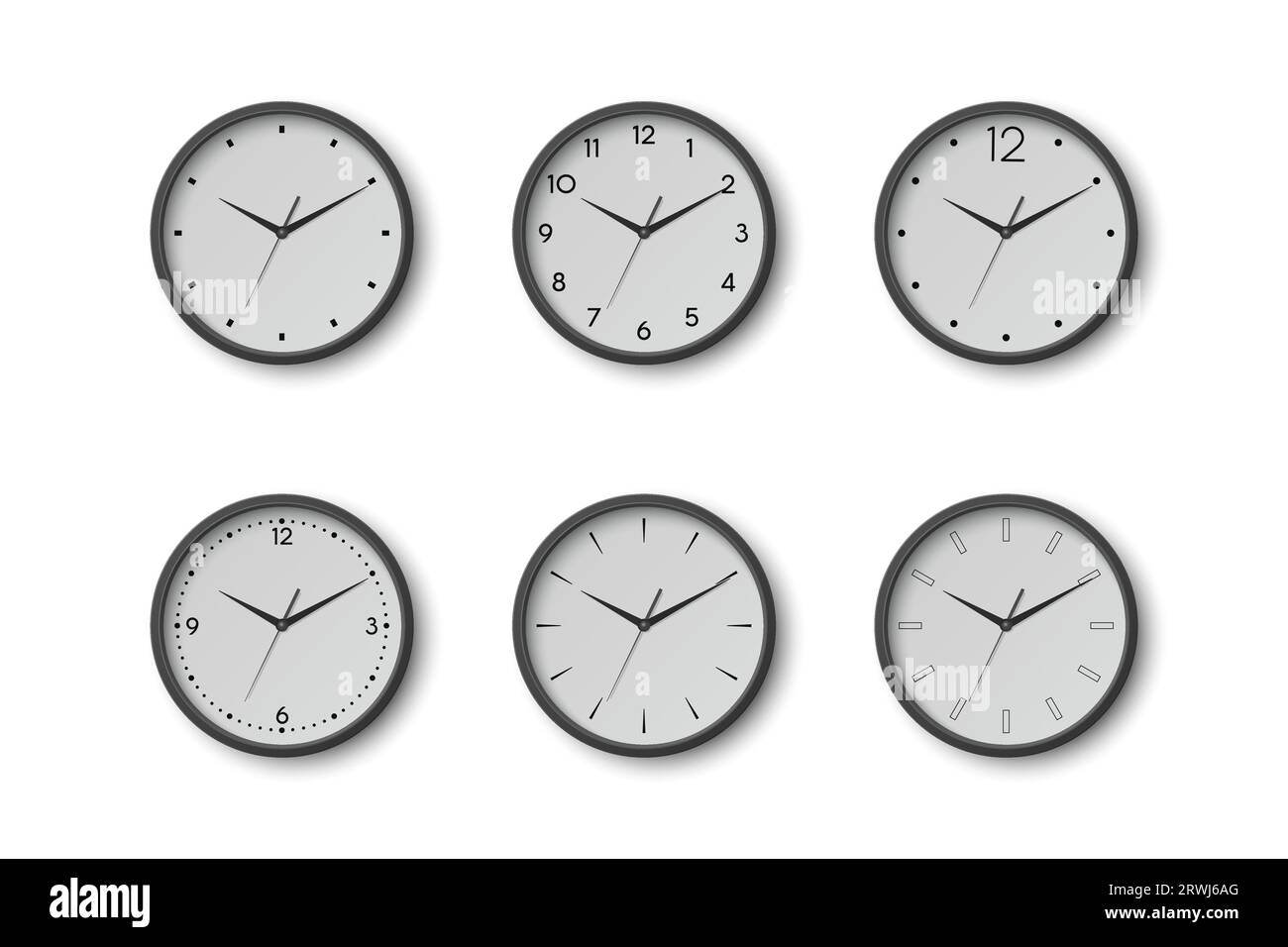 Vector 3D horloge de bureau murale ronde avec cadran d'horloge blanc, gros plan isolé. Montres, modèle de conception, maquette pour le marquage, Publicité. Vecteur simple Illustration de Vecteur