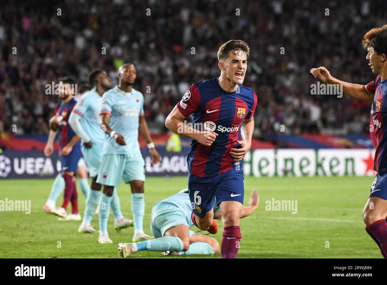 Barcelone, Espagne. 19 septembre 2023. BARCELONE, ESPAGNE - 19 SEPTEMBRE : GAVI célèbre après avoir marqué un but lors du match du groupe H de l'UEFA Champions League FC Barcelone et Anvers le 19 septembre 2023, au stade Montjuic de Barcelone, en Espagne. (Photo Sara Aribó/PxImages) crédit : PX Images/Alamy Live News Banque D'Images