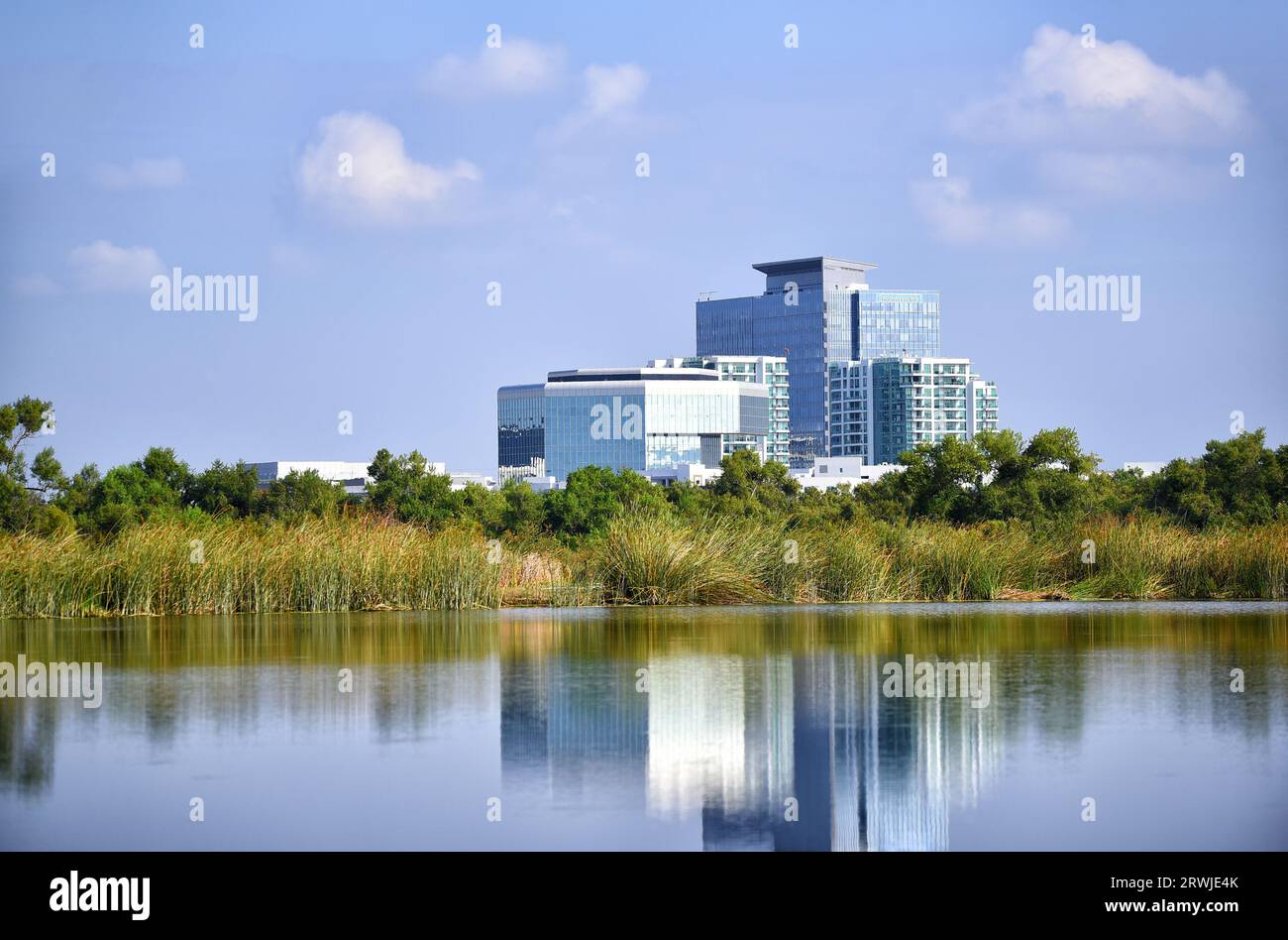 IRIVNE, CALIFORNIE - 18 SEPTEMBRE 2023 : bâtiments de bureaux et hôtels reflétés dans un étang au San Joaquin Marsh Wildlife Sanctuary. Banque D'Images