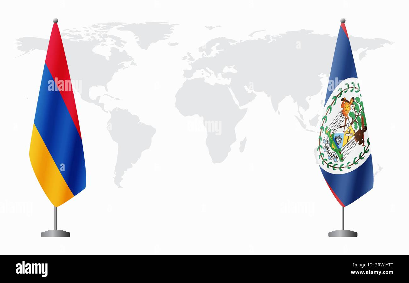 Drapeaux de l'Arménie et du Belize pour la réunion officielle sur fond de la carte du monde. Illustration de Vecteur