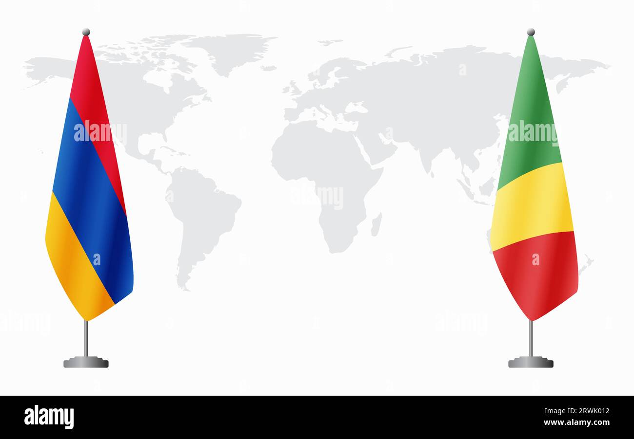 Drapeaux de l'Arménie et du Congo Brazzaville pour la réunion officielle sur fond de carte du monde. Illustration de Vecteur