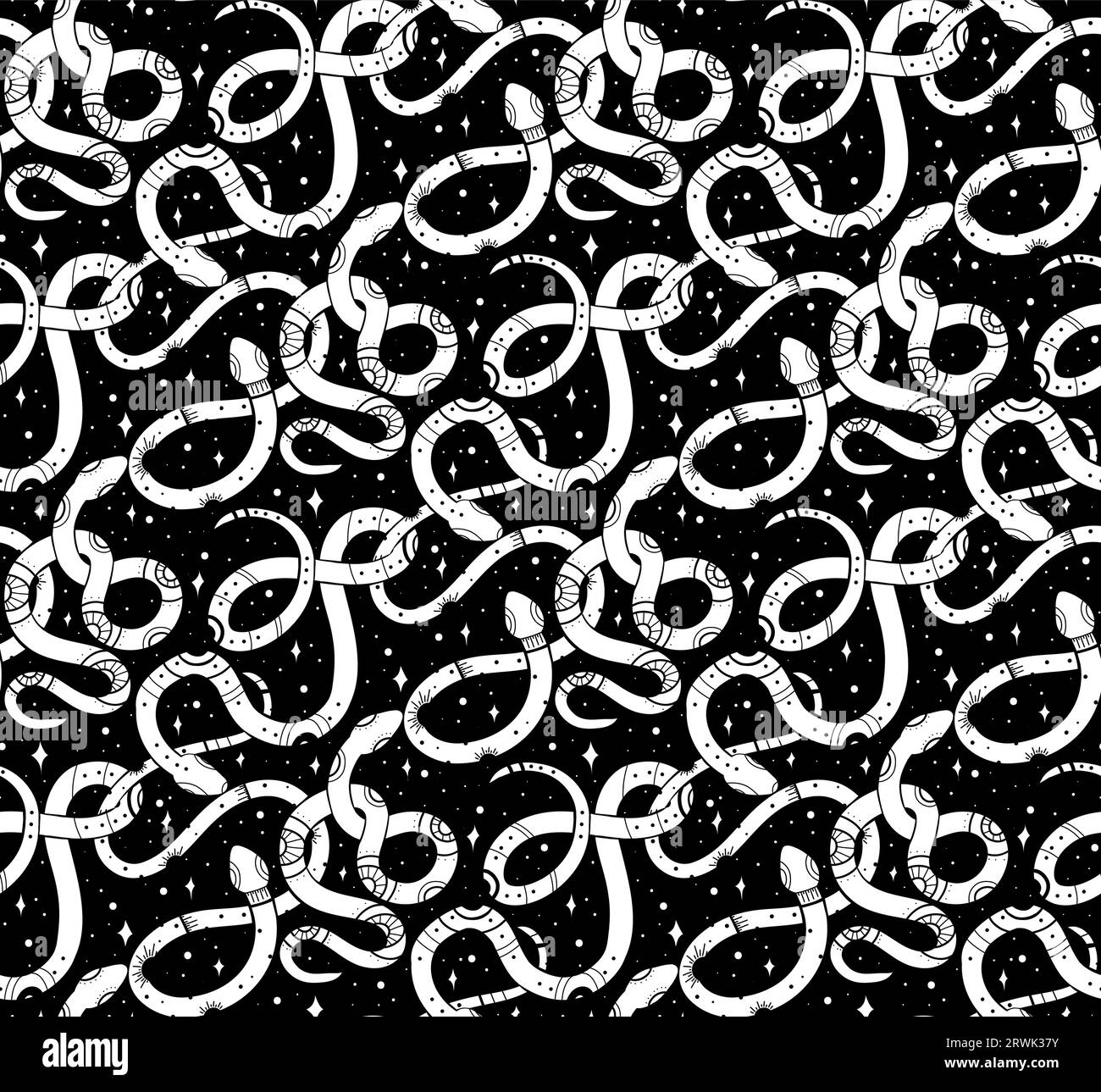 Vector Seamless modèle avec silhouettes de serpent céleste blanc avec des décorations mystiques et des étoiles sur un fond noir. Texture sorcellerie Illustration de Vecteur