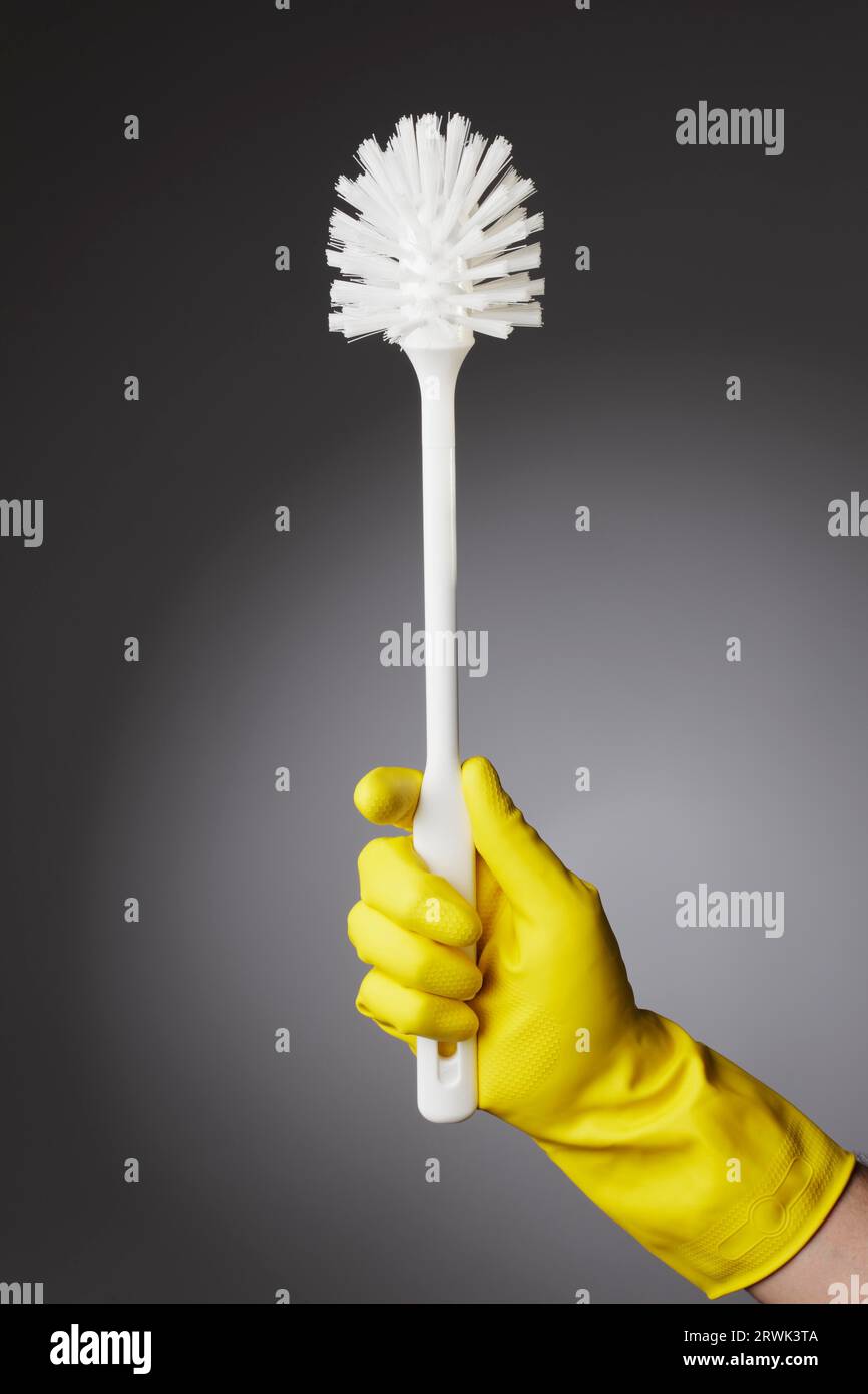 Une main gantée tenant une brosse de toilettes propres Banque D'Images