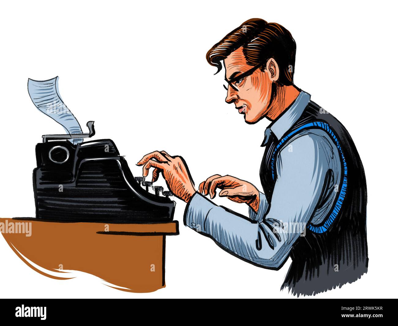 Ecriture sur machine à écrire vintage. Encre dessinée à la main sur papier et colorée à la main sur tablette Banque D'Images