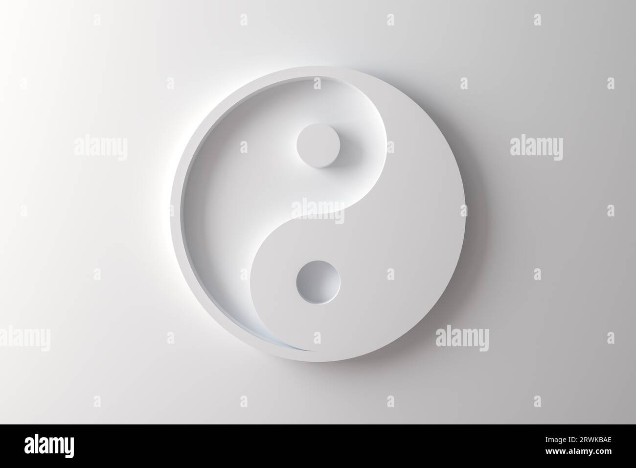 Symbole chinois Yin Yang sur fond blanc, taoïsme, dualisme, symbole religieux, rendu 3D, illustration 3D. Banque D'Images