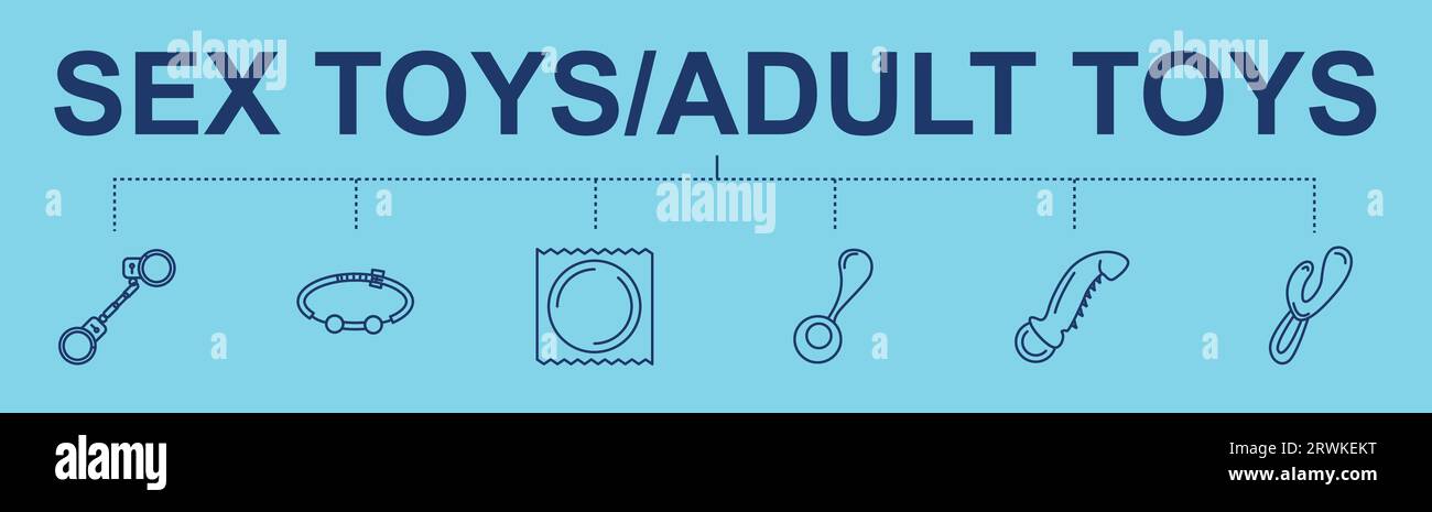 Bannière Sex Toy avec icônes pour le web avec Dildos, préservatifs, vibrateurs, menottes, anneau vibrant de coq, stimulateur du point g. Illustration de Vecteur