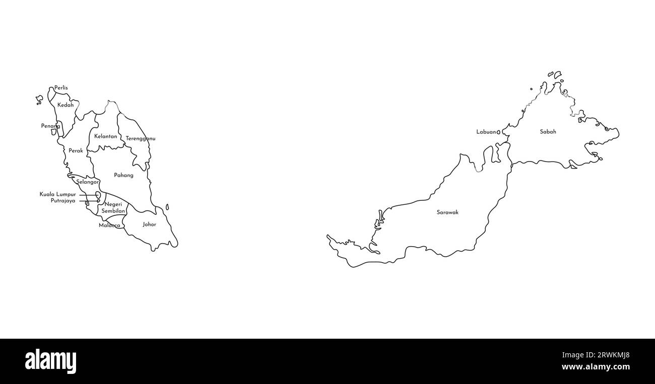 Illustration isolée vectorielle de la carte administrative simplifiée de la Malaisie. Frontières et noms des régions. Silhouettes de lignes noires. Illustration de Vecteur