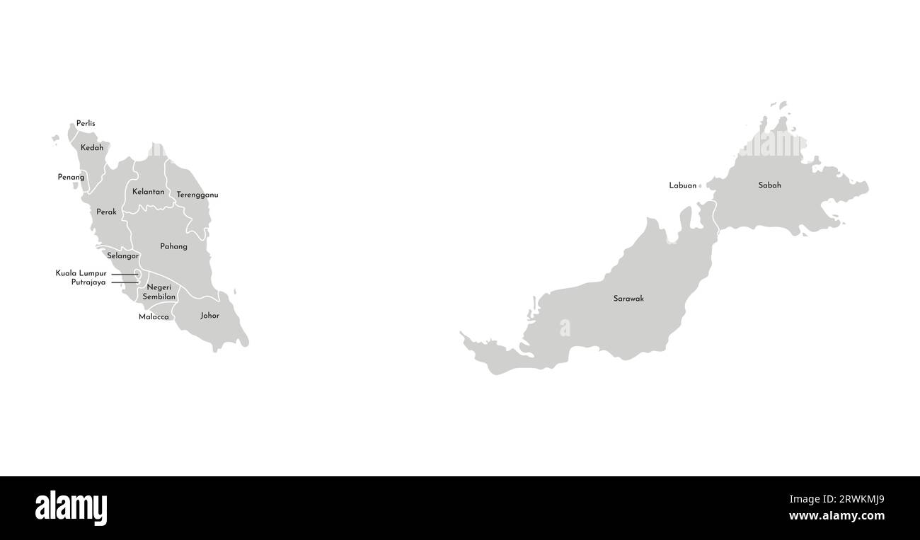 Illustration isolée vectorielle de la carte administrative simplifiée de la Malaisie. Frontières et noms des provinces (régions). Silhouettes grises. Outli blanc Illustration de Vecteur
