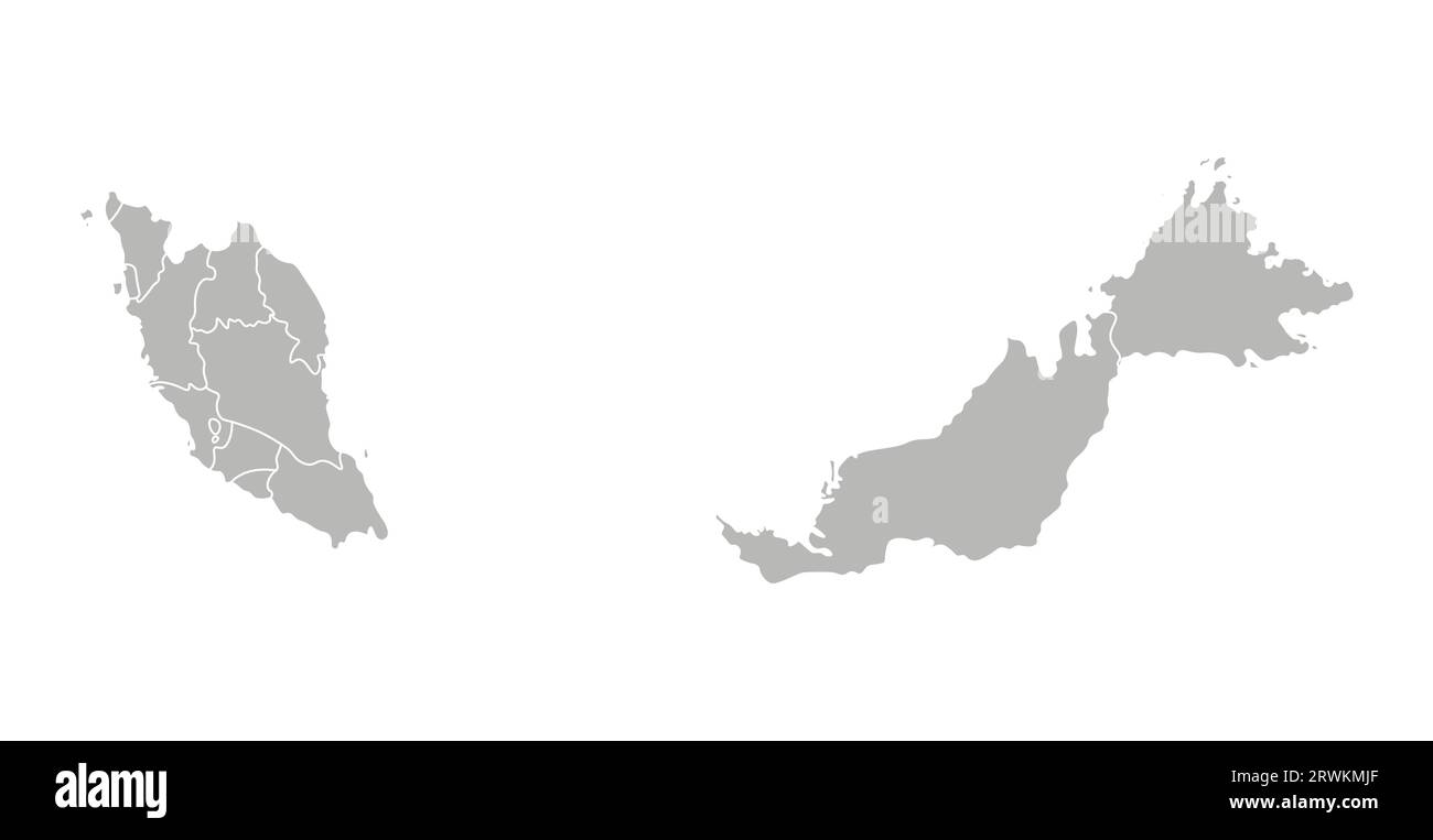 Illustration isolée vectorielle de la carte administrative simplifiée de la Malaisie. Frontières des provinces (régions). Silhouettes grises. Contour blanc. Illustration de Vecteur