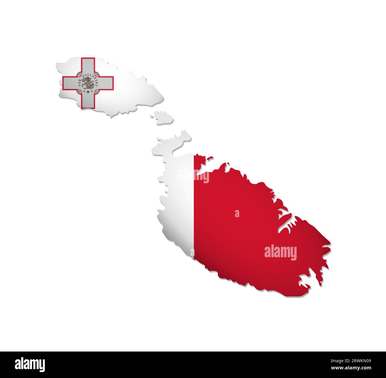 Illustration isolée vectorielle avec drapeau national de Malte avec forme de carte maltaise (simplifiée). Ombre de volume sur la carte. Fond blanc Illustration de Vecteur