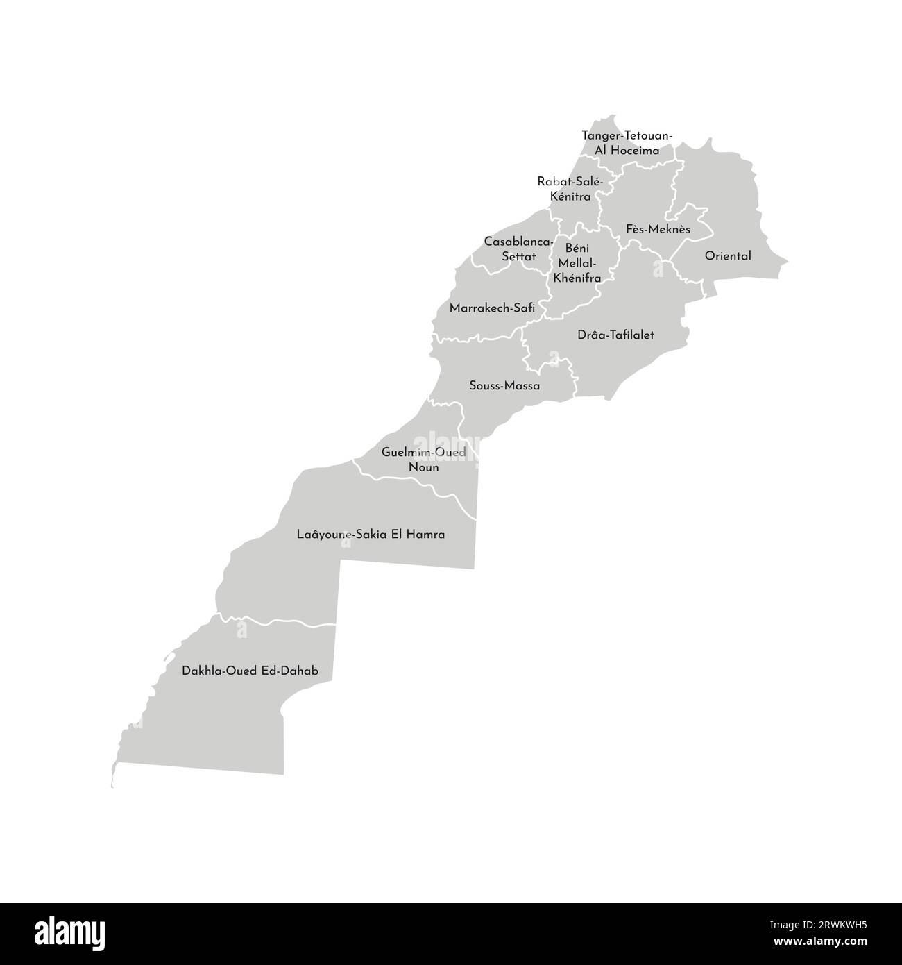 Illustration isolée vectorielle de la carte administrative simplifiée du Maroc (y compris le territoire contesté du Sahara Occidental). Bordures et noms des RE Illustration de Vecteur