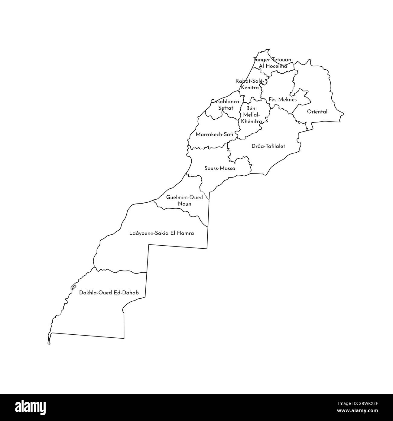 Illustration isolée vectorielle de la carte administrative simplifiée du Maroc (y compris le territoire contesté du Sahara Occidental). Bordures et noms des RE Illustration de Vecteur