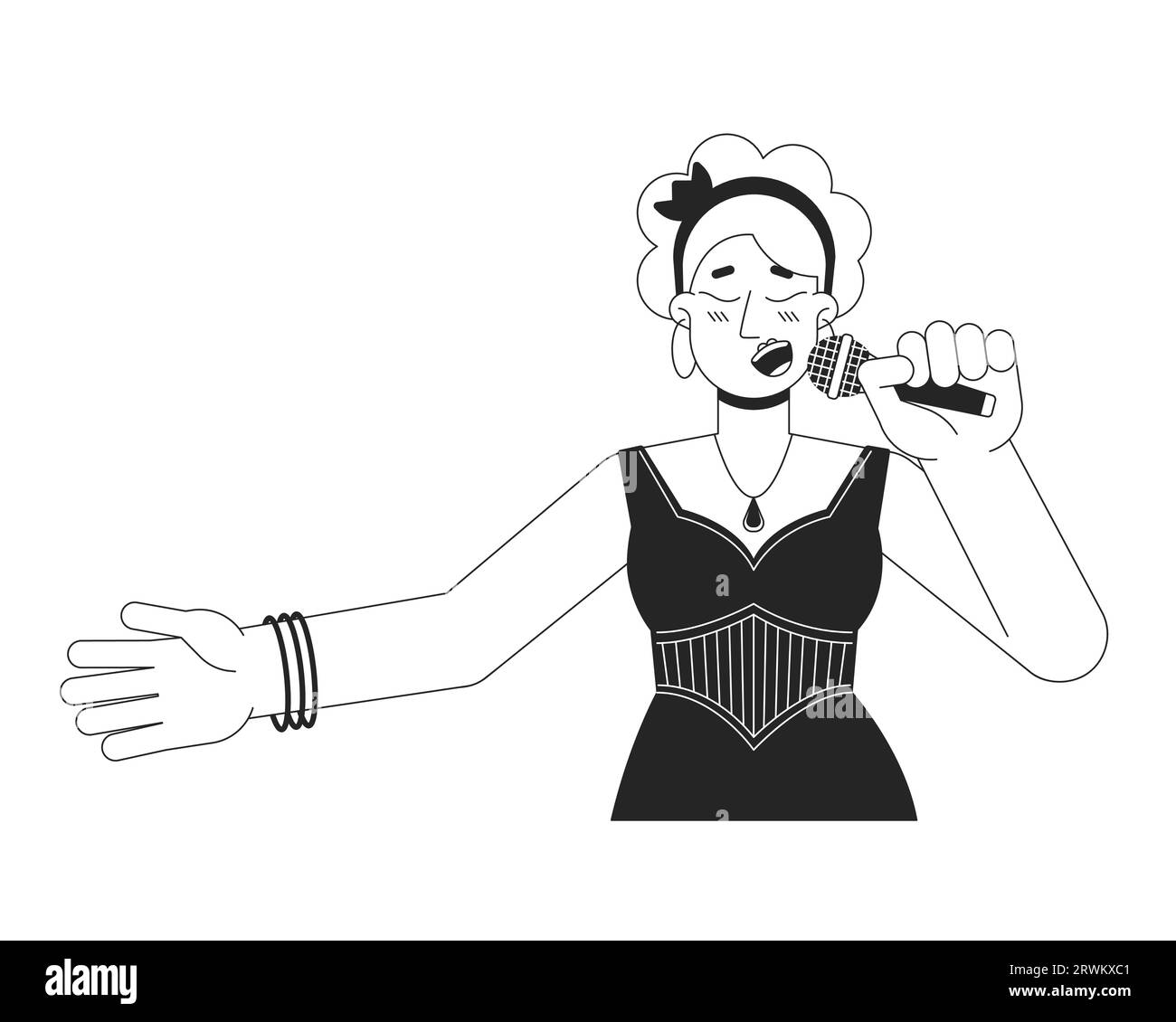 Chanteur féminin caucasien chanteur tenant microphone noir et blanc personnage de dessin animé de ligne 2D de ligne Illustration de Vecteur