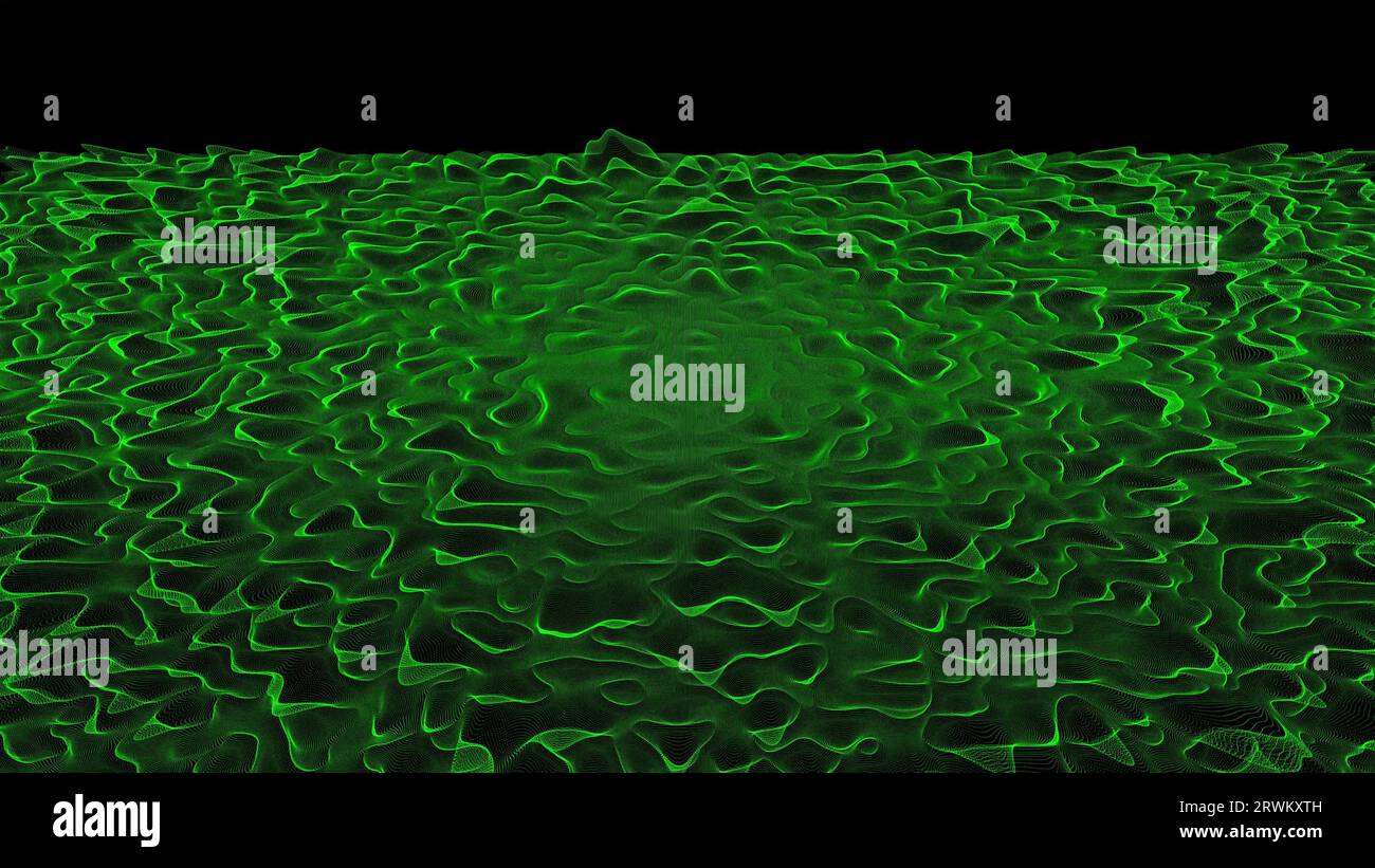 Vagues vertes abstraites de métal liquide. Onde numérique avec de nombreux points. Toile de fond abstraite de vague dynamique. Bannière de technologie ou de science. rendu 3d. Banque D'Images