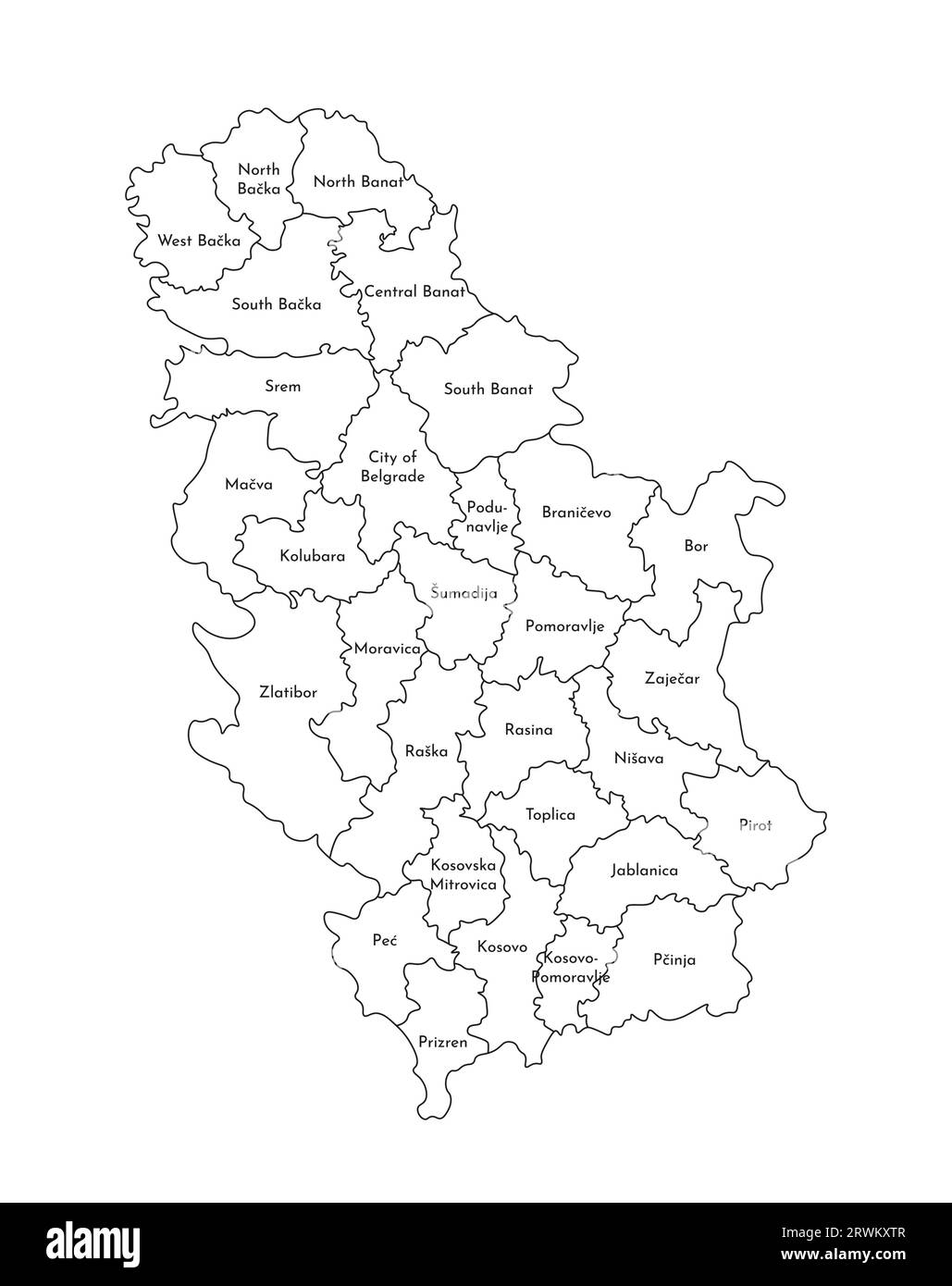 Illustration isolée vectorielle de la carte administrative simplifiée de la Serbie. Frontières et noms des districts. Silhouettes de lignes noires. Illustration de Vecteur