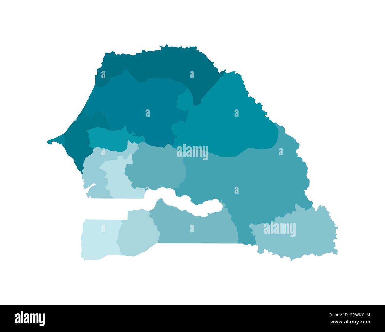 Illustration vectorielle isolée d'une carte administrative simplifiée du Sénégal. Frontières des régions. Silhouettes kaki bleues colorées. Illustration de Vecteur