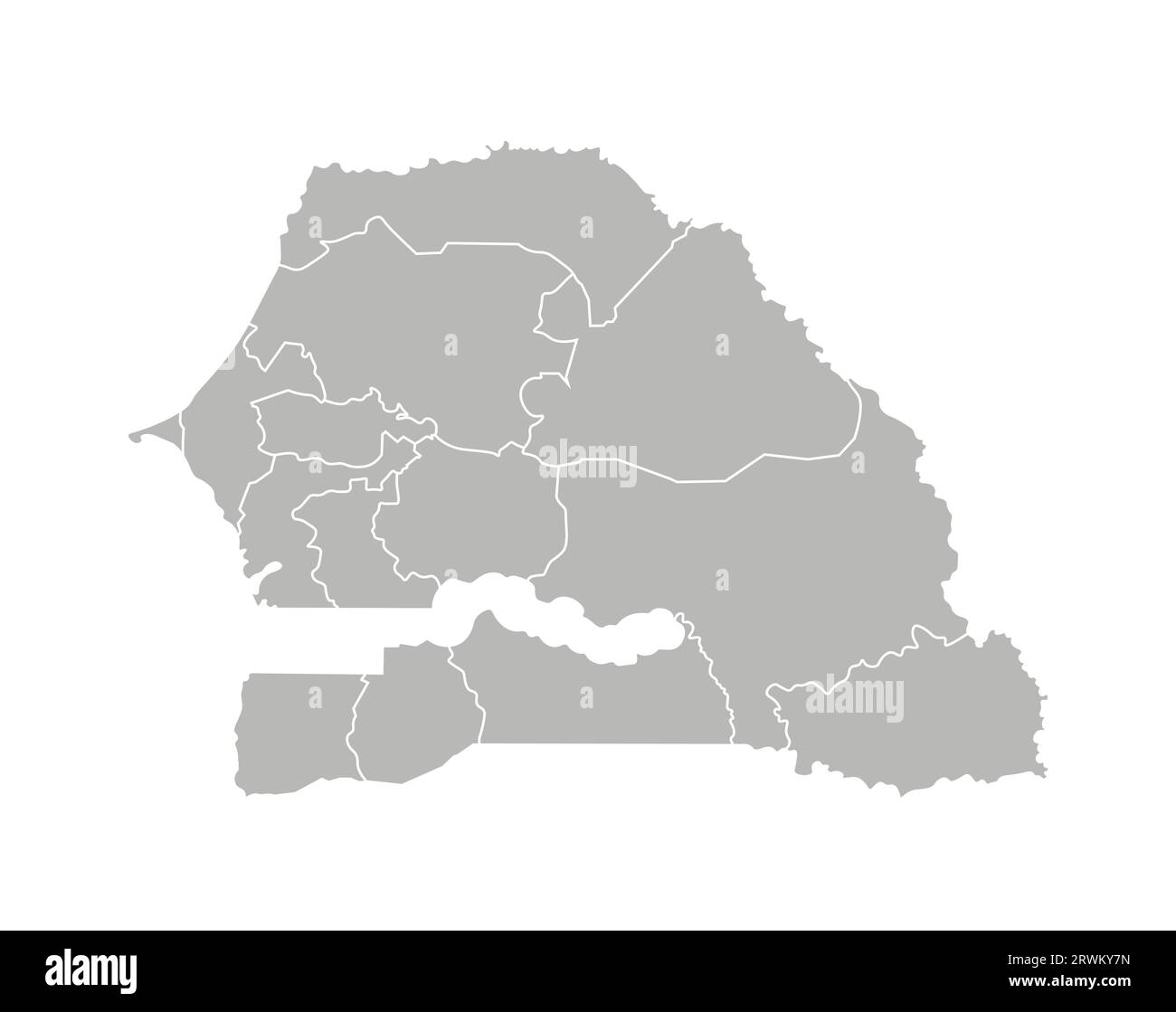 Illustration vectorielle isolée d'une carte administrative simplifiée du Sénégal. Frontières des régions. Silhouettes grises. Contour blanc. Illustration de Vecteur