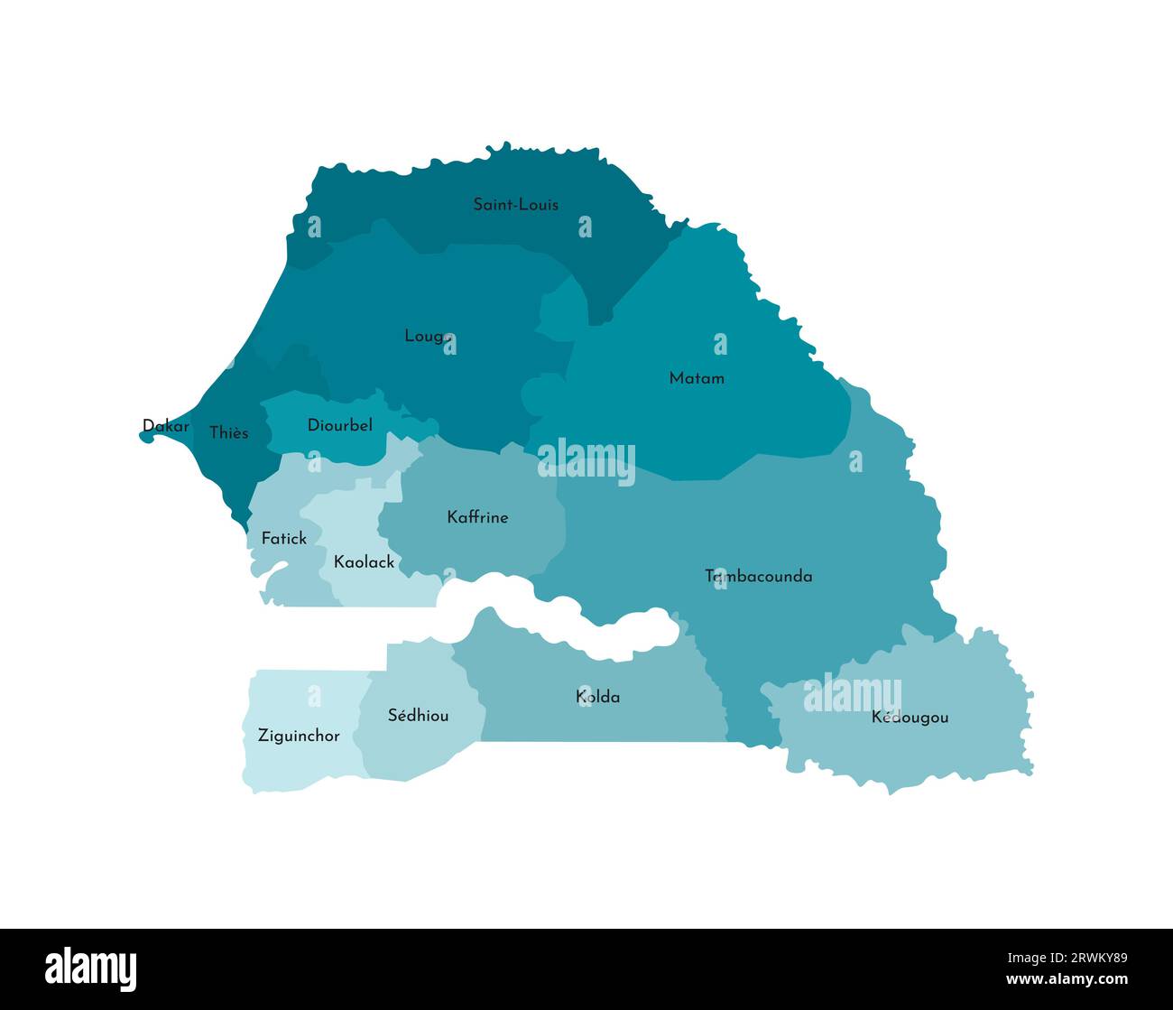 Illustration vectorielle isolée d'une carte administrative simplifiée du Sénégal. Frontières et noms des régions. Silhouettes kaki bleues colorées Illustration de Vecteur