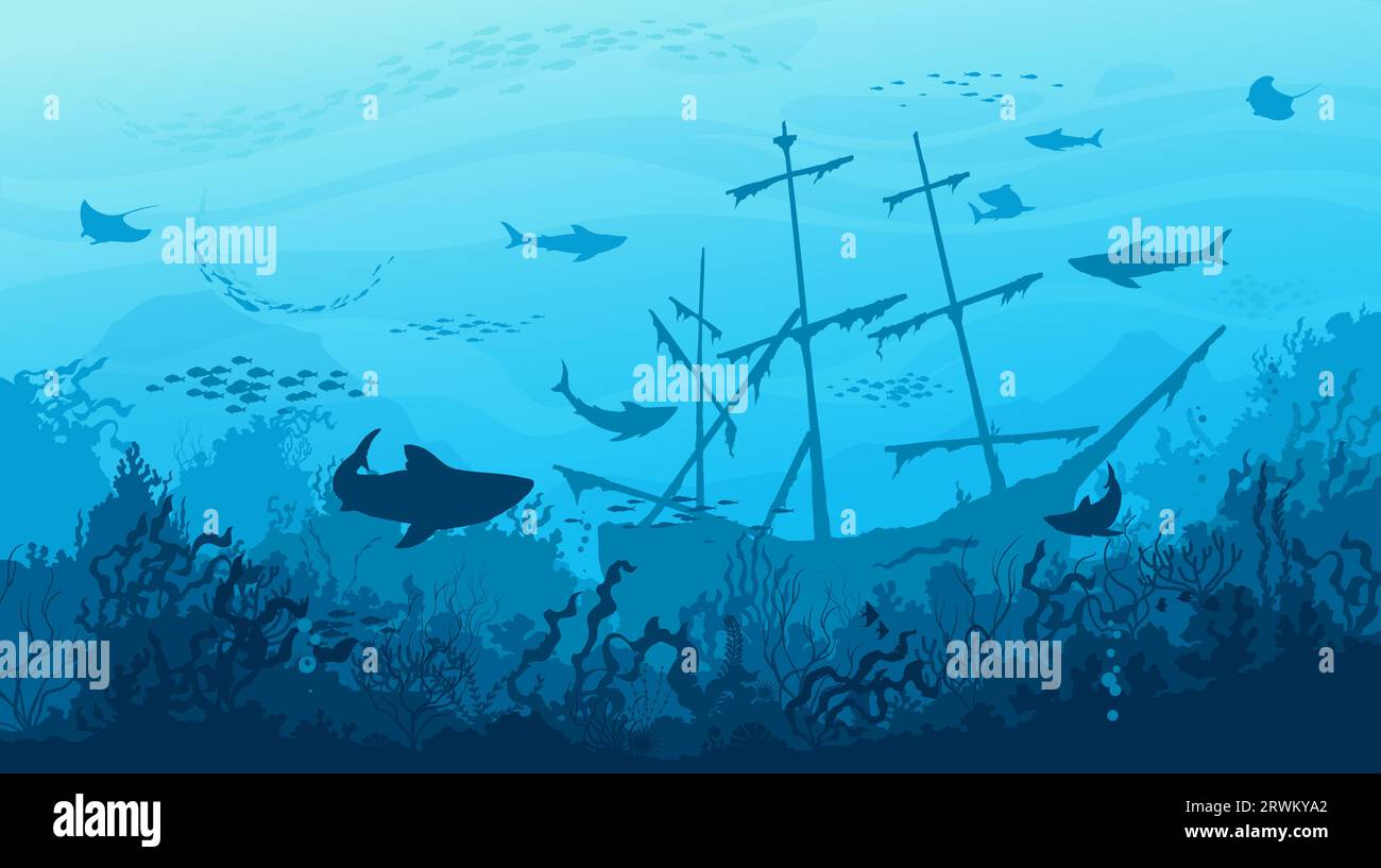 Requins de mer, silhouettes de navire coulé et de banc de poissons dans le paysage marin sous-marin, fond vectoriel. Récif corallien sous-marin ou paysage océanique avec bateau coulé, raie et requins dans l'eau bleu profond Illustration de Vecteur