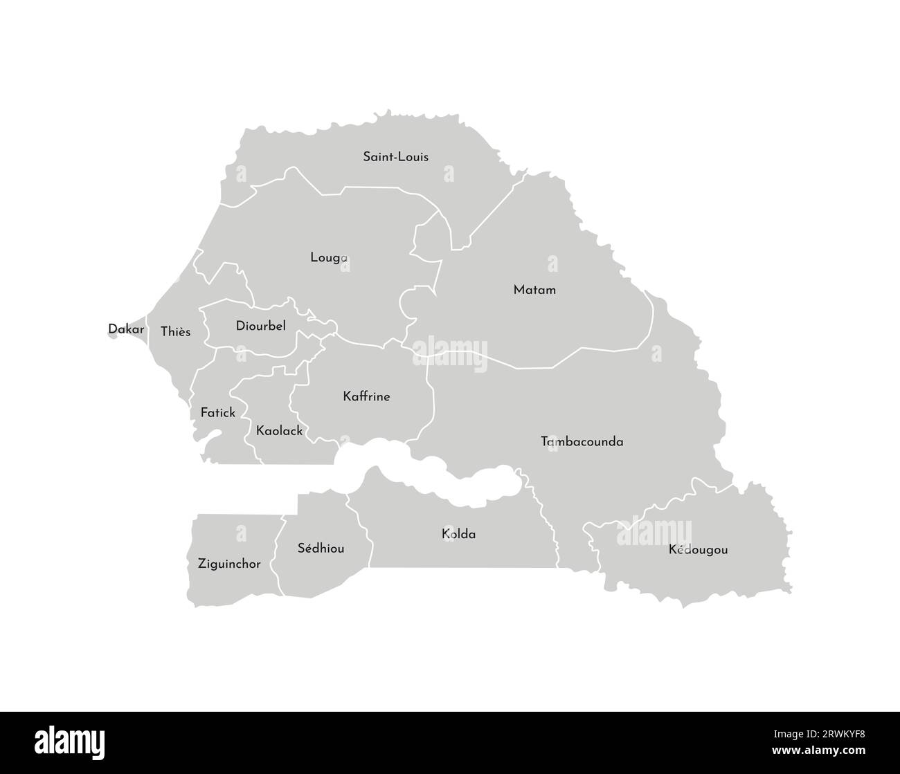 Illustration vectorielle isolée d'une carte administrative simplifiée du Sénégal. Frontières et noms des régions. Silhouettes grises. Contour blanc Illustration de Vecteur