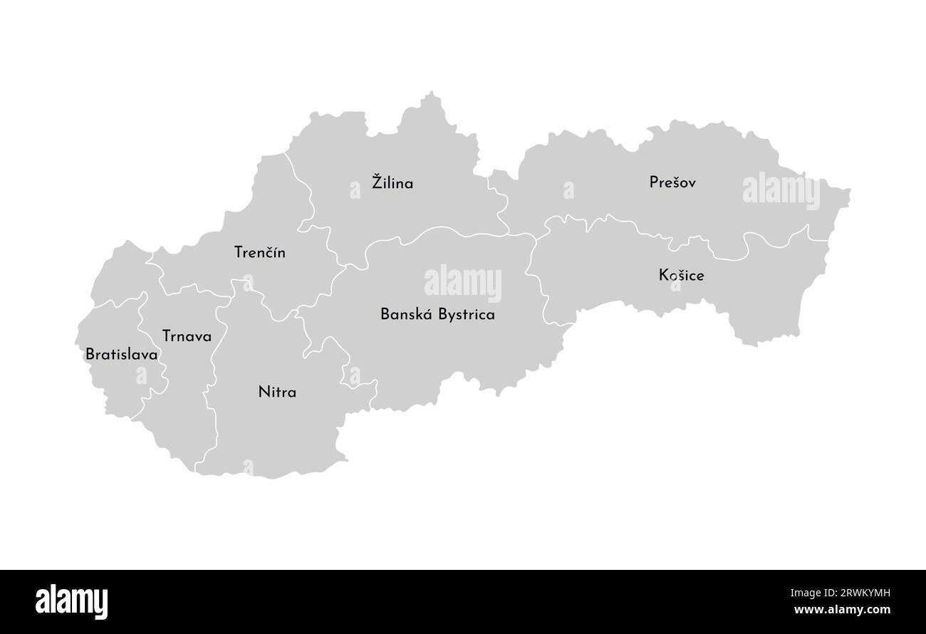 Illustration isolée vectorielle de la carte administrative simplifiée de la Slovaquie. Frontières et noms des provinces (régions). Silhouettes grises. Outli blanc Illustration de Vecteur