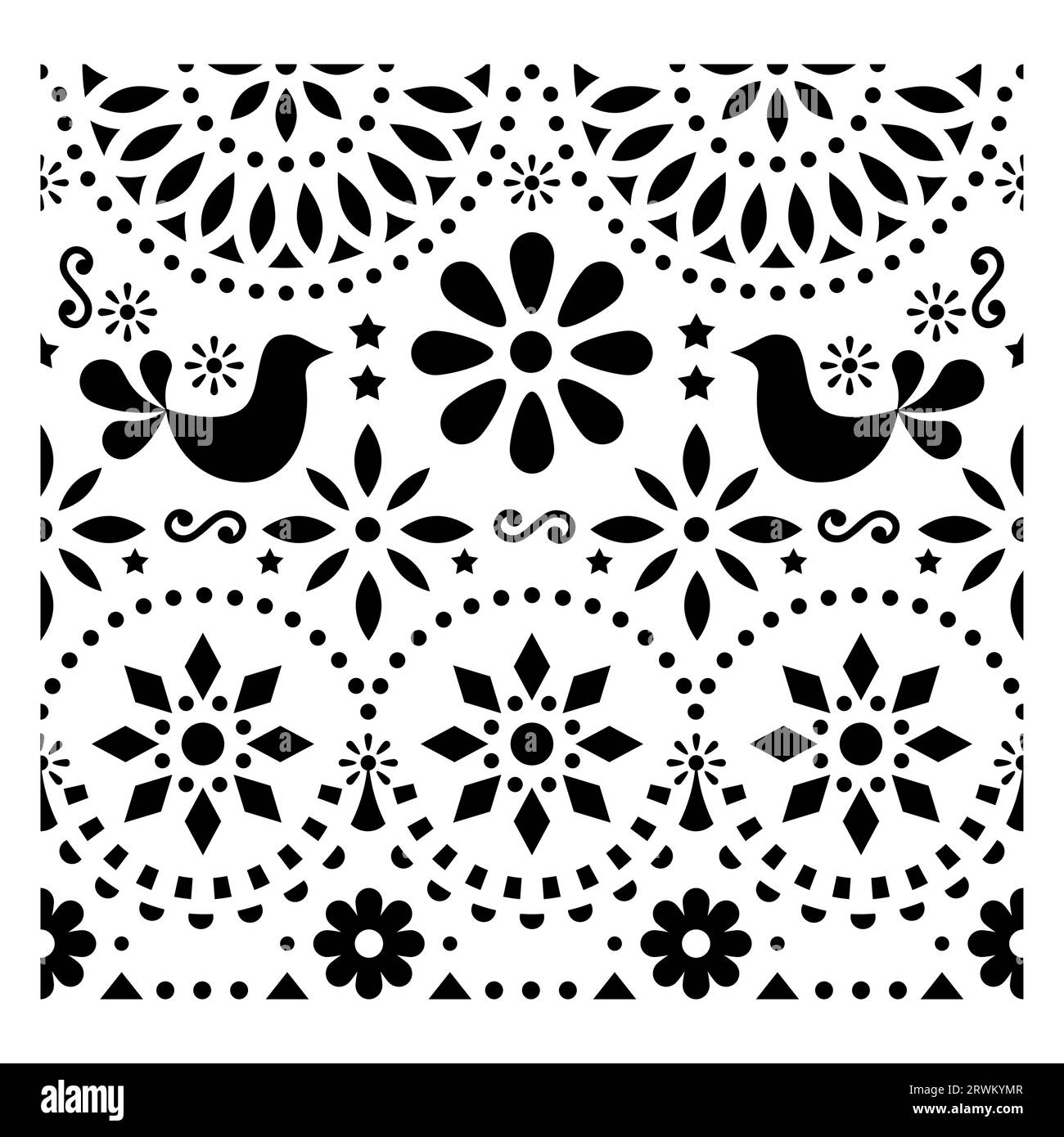Motif vectoriel d'art folklorique mexicain avec des oiseaux et des fleurs, conception de carte de voeux fiesta noir et blanc inspiré par la forme d'art traditionnelle du Mexique Illustration de Vecteur