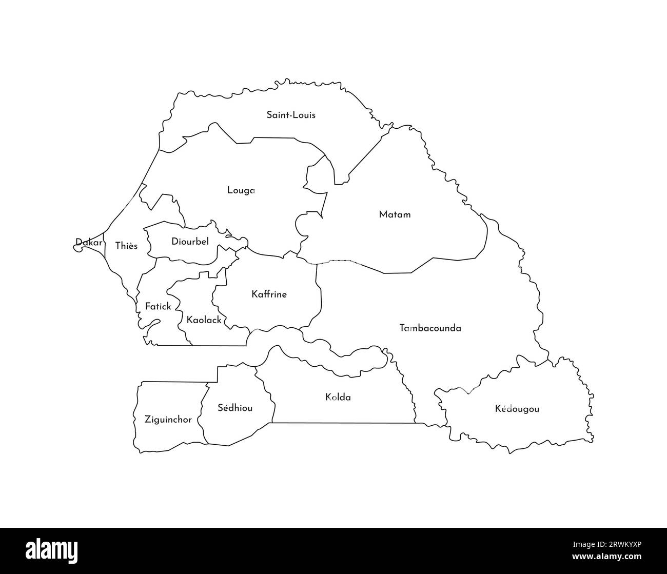 Illustration vectorielle isolée d'une carte administrative simplifiée du Sénégal. Frontières et noms des régions. Silhouettes de lignes noires. Illustration de Vecteur
