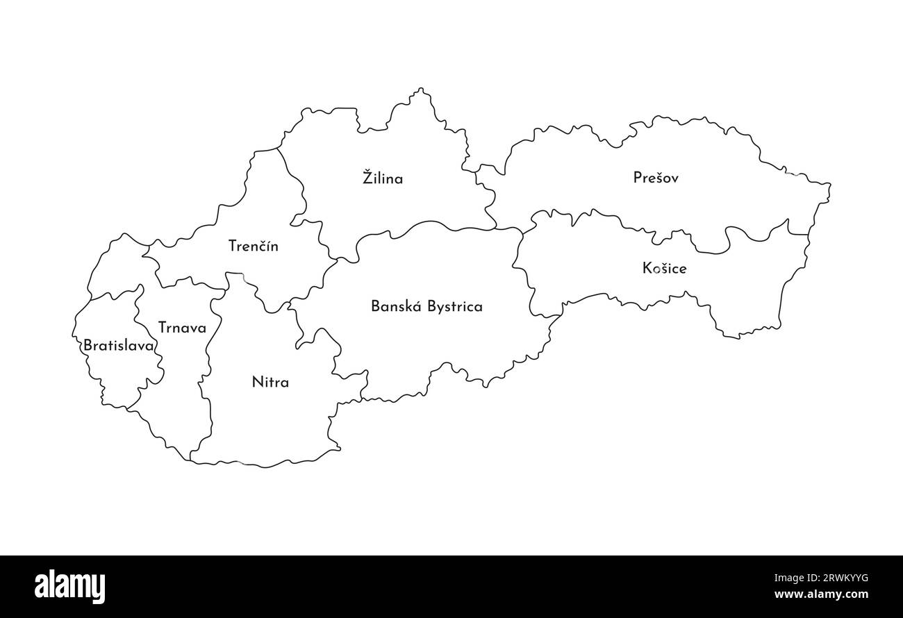 Illustration isolée vectorielle de la carte administrative simplifiée de la Slovaquie. Frontières et noms des régions. Silhouettes de lignes noires. Illustration de Vecteur