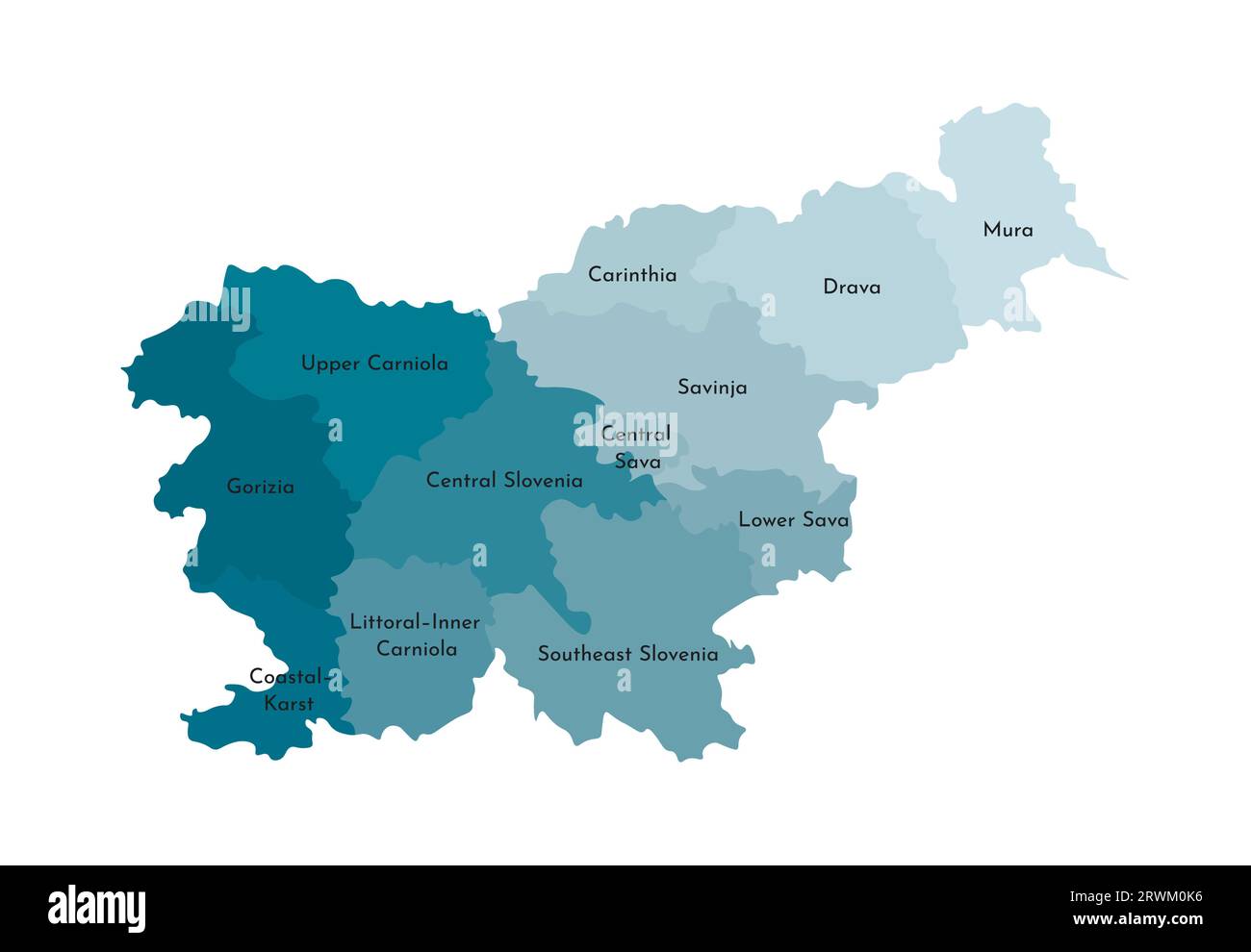 Illustration isolée vectorielle de la carte administrative simplifiée de la Slovénie. Frontières et noms des régions. Silhouettes kaki bleues colorées. Illustration de Vecteur