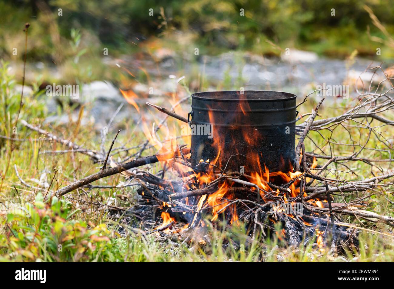 Cuisson du repas dans le pot sur un feu de camp brûlant pendant le camping sauvage Banque D'Images