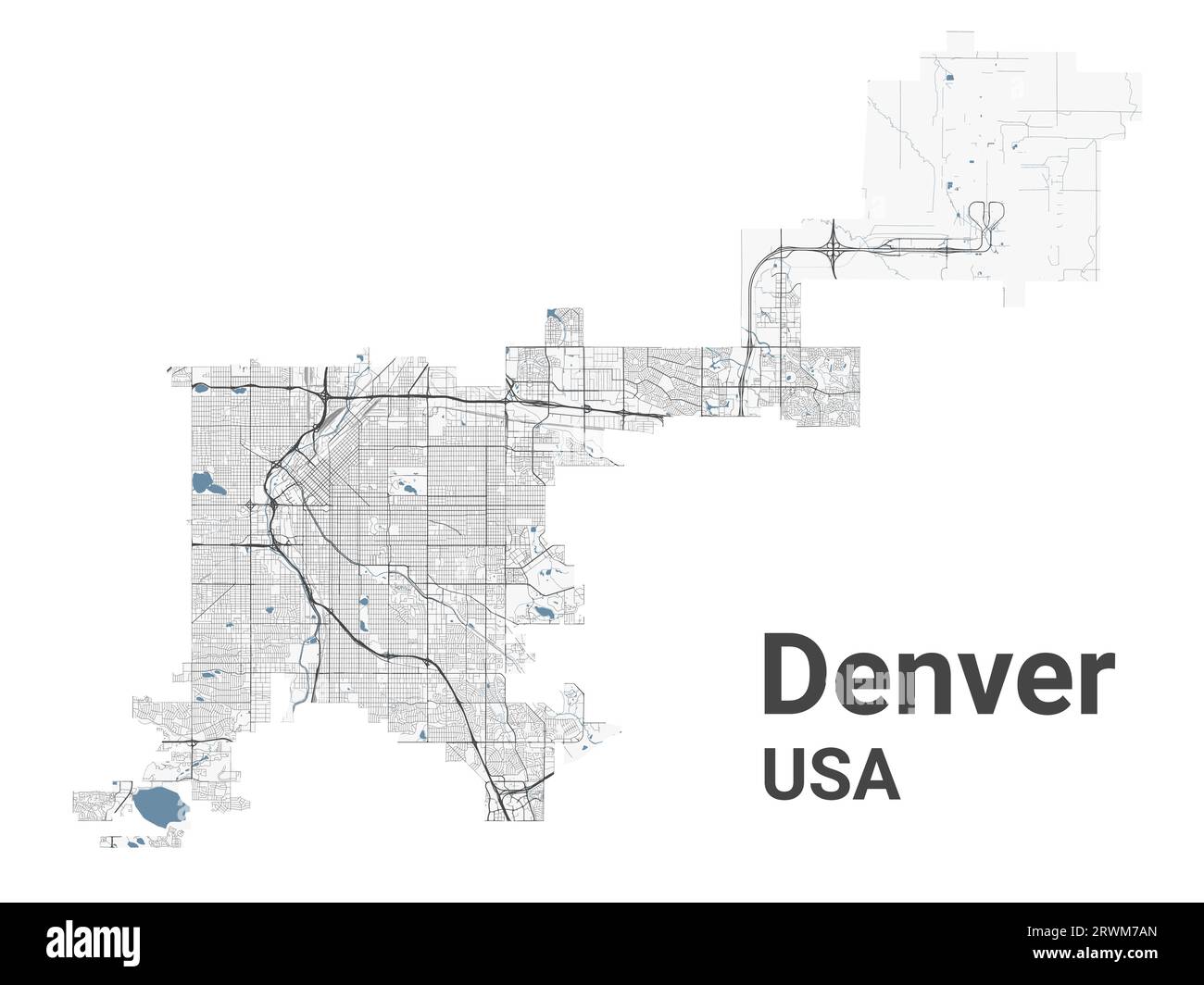 Carte de Denver, ville américaine. Carte de la zone administrative municipale avec rivières et routes, parcs et voies ferrées. Illustration vectorielle. Illustration de Vecteur