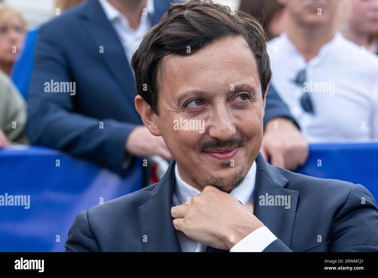 Marseille, France. 15 septembre 2023. Pablo Longoria, président du club de football de l'Olympique de Marseille (OM) vu lors de la cérémonie inaugurale du stade de la ville à Marseille. Après avoir reçu des menaces suite à une réunion avec des représentants des associations de supporters le lundi 18 septembre 2023, le président de l'OM Pablo Longoria et son équipe ont décidé de se retirer temporairement de leurs fonctions à l'Olympique de Marseille. (Photo Laurent Coust/SOPA Images/Sipa USA) crédit : SIPA USA/Alamy Live News Banque D'Images