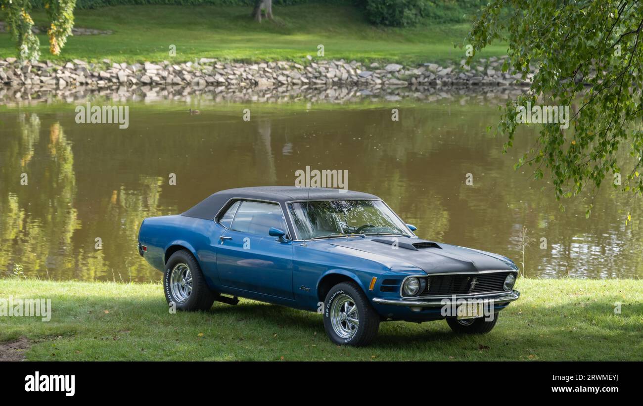 FRANKENMUTH, MI/USA - 10 SEPTEMBRE 2023 : une Ford Mustang 1970, Frankenmuth Auto Fest, Heritage Park. Banque D'Images