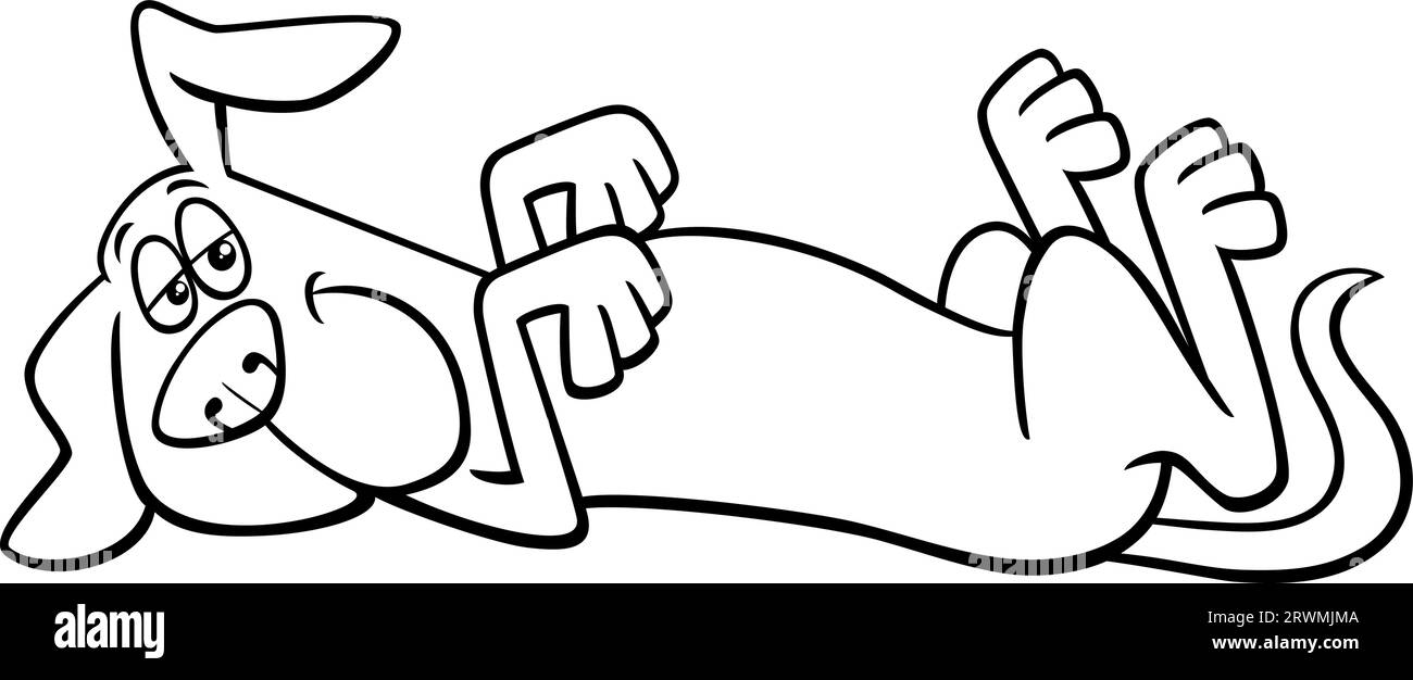 Illustration de dessin animé noir et blanc de caractère animal comique de chien ou chiot couché et de repos page de coloriage Illustration de Vecteur