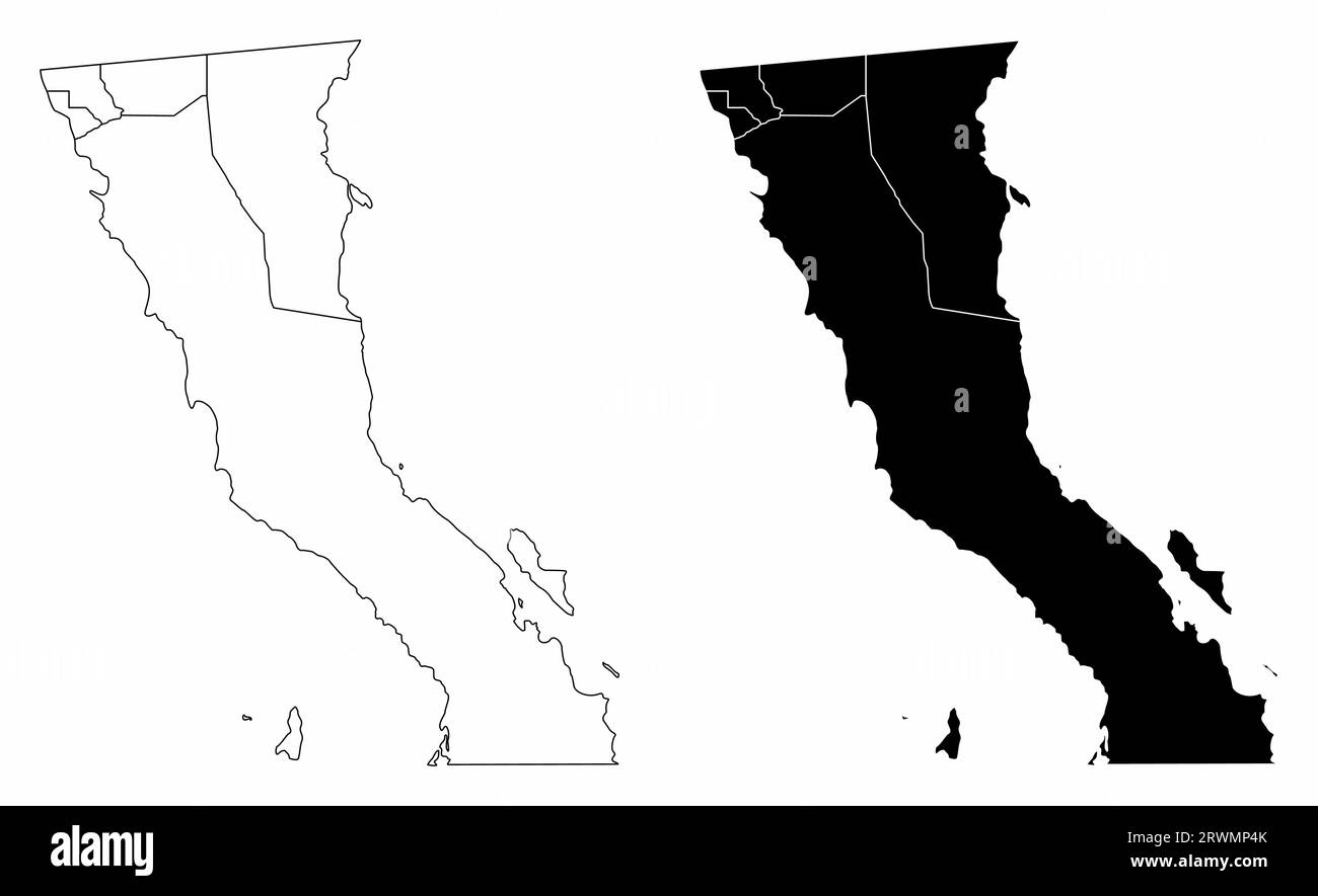 Les cartes administratives de Basse-Californie en noir et blanc, Mexique Illustration de Vecteur