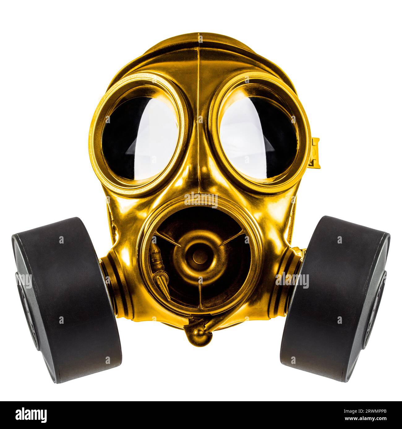 masque à gaz doré et noir isolé sur blanc Banque D'Images