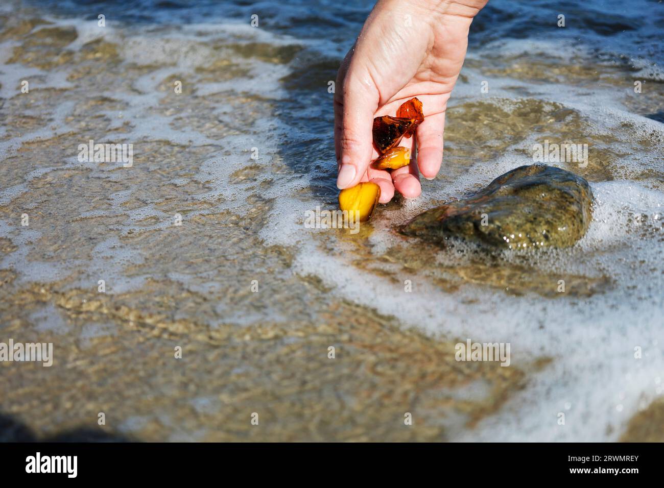 Belles pièces d'ambre dans la main de la mer fond.Un morceau d'ambre ondulé brillant dans la paume de votre main.Le soleil Banque D'Images Belles pièces d'ambre dans la main de la mer fond.Un morceau d'ambre ondulé brillant dans la paume de votre main.Le soleil Banque D'Images