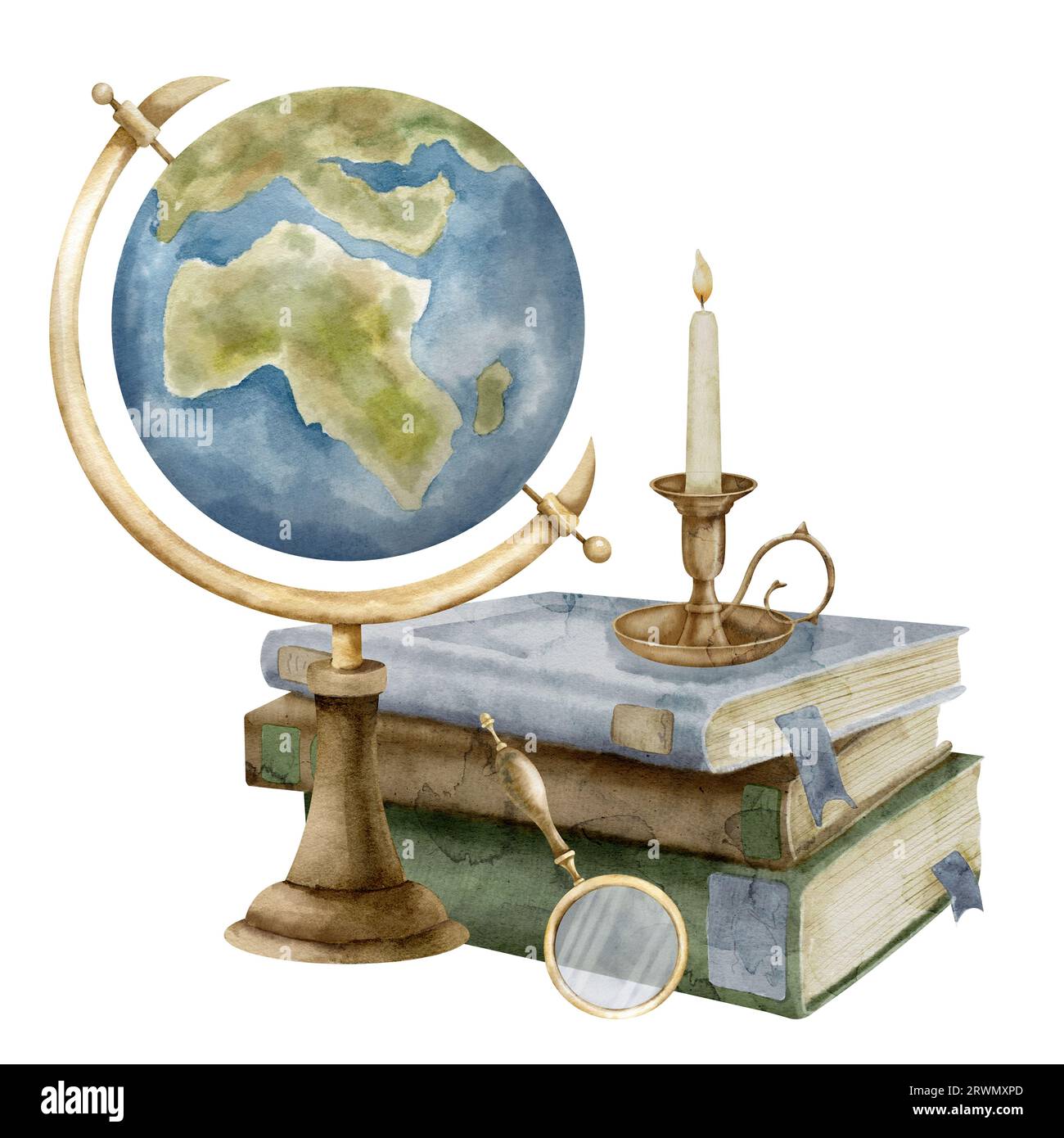Globe and Books. Illustration à l'aquarelle d'une pile de cahiers de géographie et de manuels avec une bougie vintage. Dessiné à la main sur fond isolé. Dessin d'objets de connaissance et d'éducation. Banque D'Images