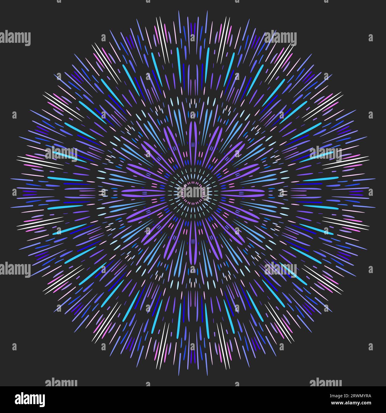 Mandala rond fait de lignes de couleur différente, taille et forme divergeant du centre. Illustration vectorielle sur fond sombre Illustration de Vecteur