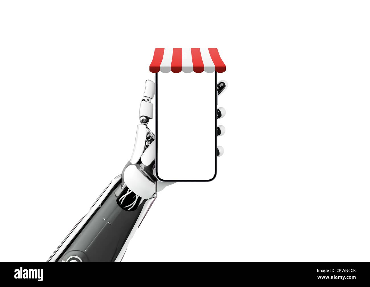 Téléphone avec auvent de magasin dans la main de robot. Concept d’utilisation de l’intelligence artificielle dans les achats en ligne, optimisant les prix et l’offre de produits Banque D'Images