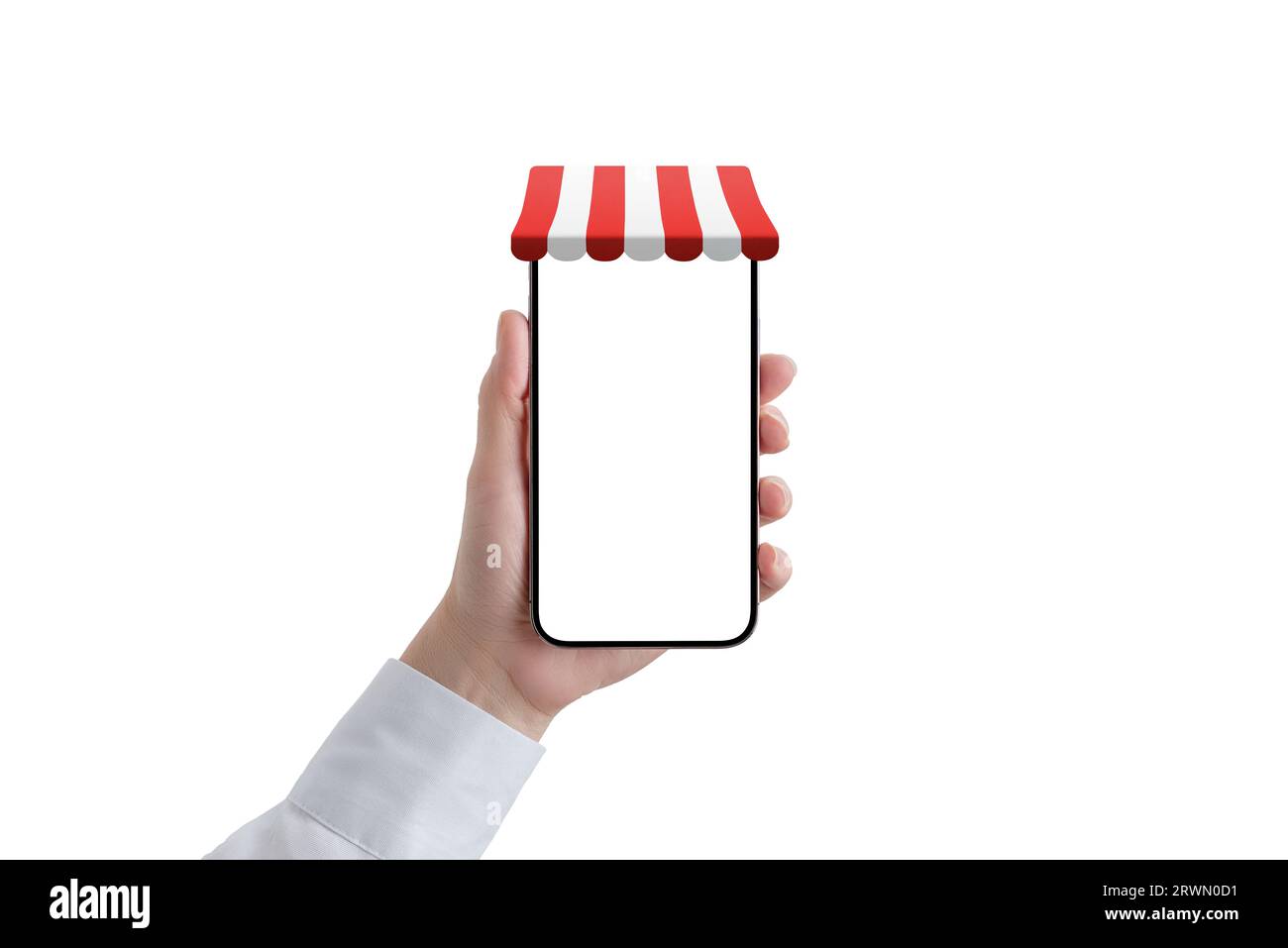 Téléphone dans la main de femme avec auvent blanc rouge de magasin sur le concept d'affichage de téléphone. Écran et arrière-plan isolés. Téléphone en position avant Banque D'Images