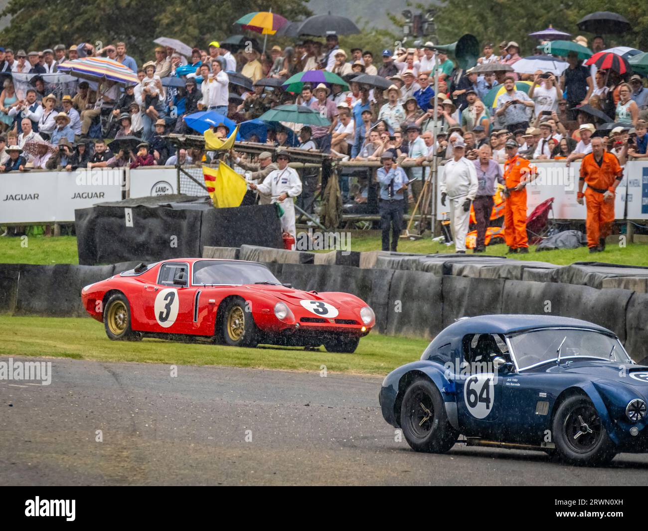 Un accident de voiture de course cobra dans la pluie dans le Royal automobile Club TT Celebration course de voiture classique 2023 au Goodwood Revival, West Sussex UK Banque D'Images